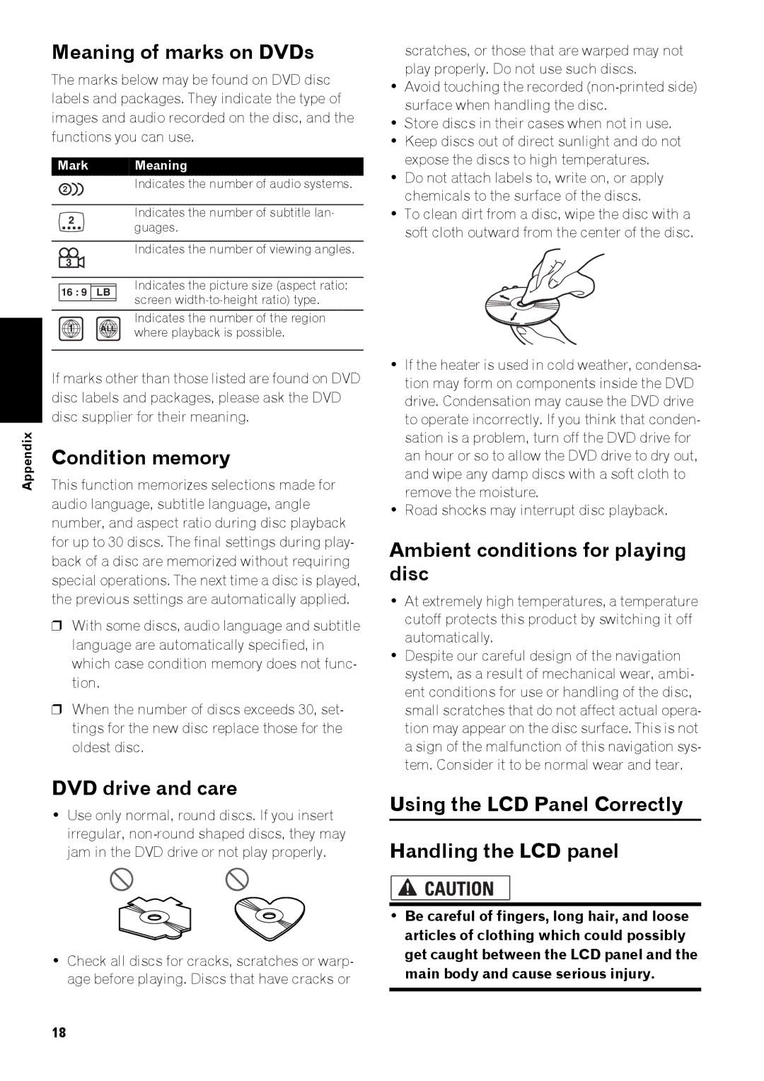 Pioneer AVIC-Z3 manual Meaning of marks on DVDs, Condition memory, DVD drive and care, Ambient conditions for playing disc 