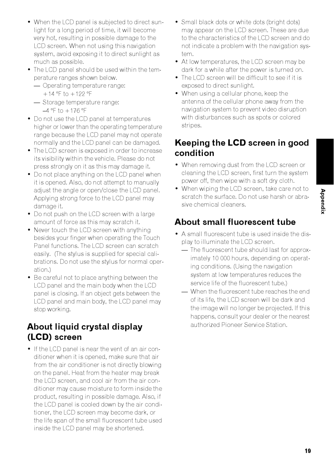 Pioneer AVIC-Z3 manual About liquid crystal display LCD screen, Keeping the LCD screen in good condition 