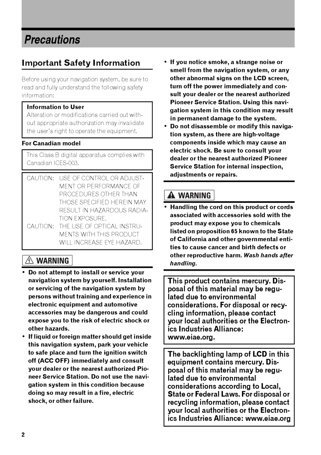 Pioneer AVIC-Z3 manual Important Safety Information, Information to User, For Canadian model 