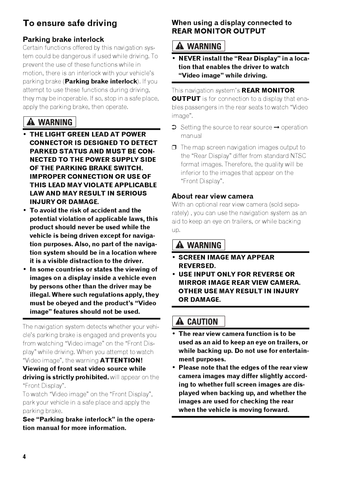 Pioneer AVIC-Z3 To ensure safe driving, Parking brake interlock, When using a display connected to, About rear view camera 