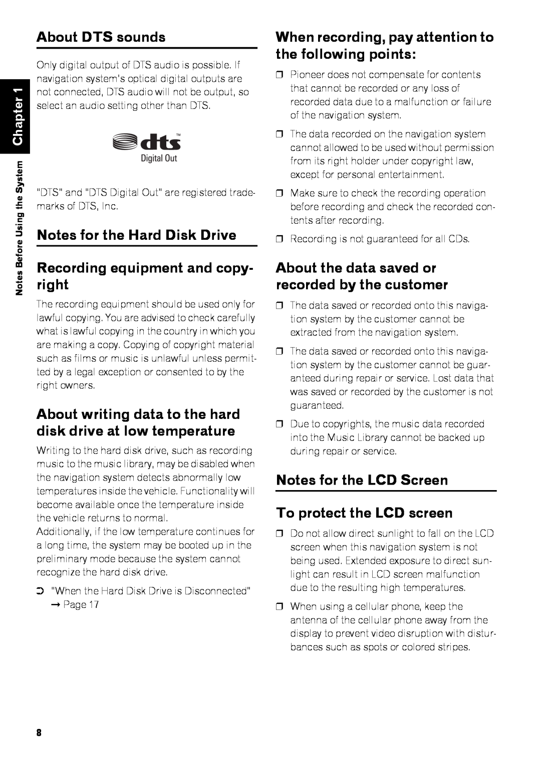 Pioneer AVIC-Z3 manual About DTS sounds, Notes for the Hard Disk Drive, Recording equipment and copy, right 