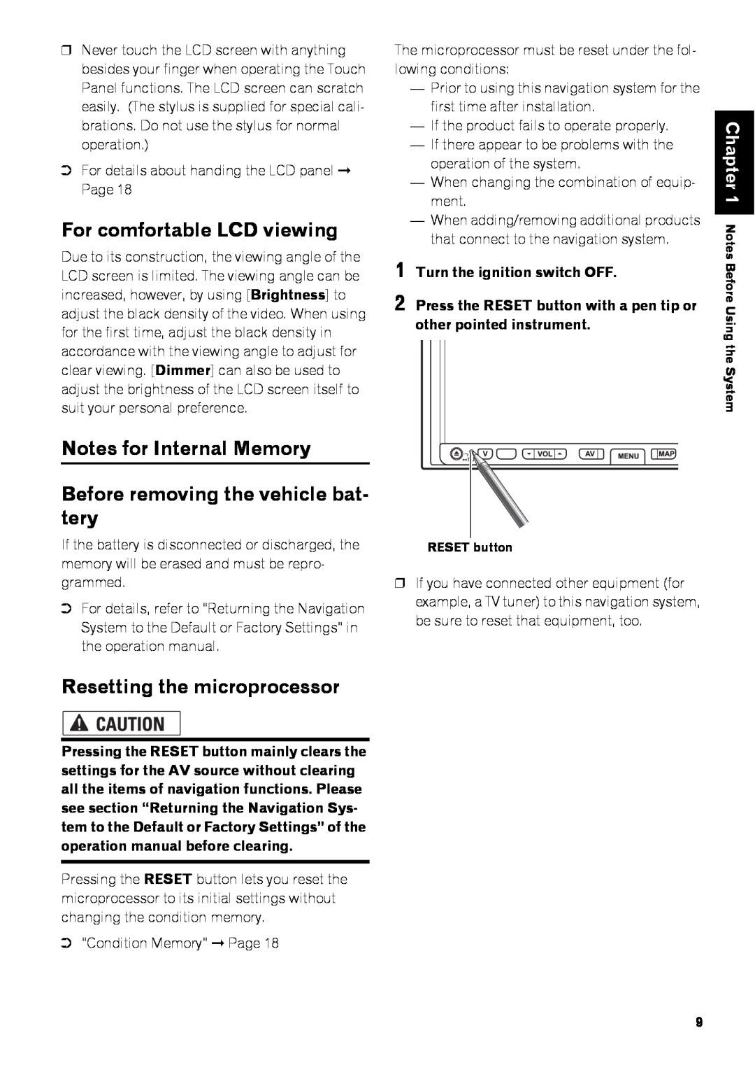 Pioneer AVIC-Z3 manual For comfortable LCD viewing, Notes for Internal Memory Before removing the vehicle bat- tery 