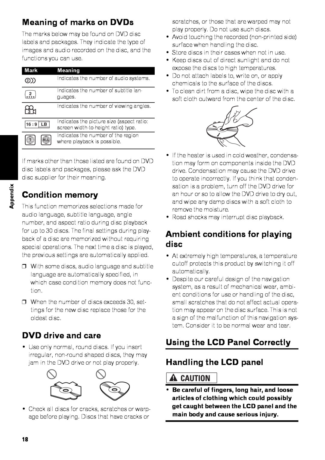 Pioneer AVIC-Z3 manual Meaning of marks on DVDs, Condition memory, DVD drive and care, Ambient conditions for playing disc 