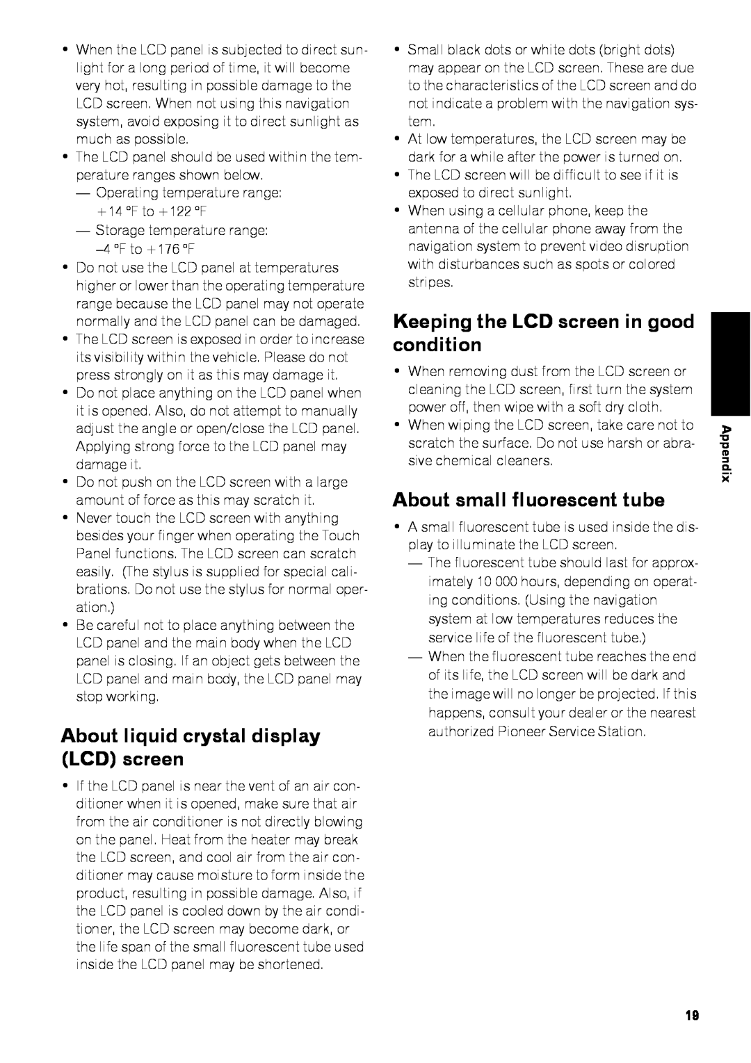 Pioneer AVIC-Z3 manual About liquid crystal display LCD screen, Keeping the LCD screen in good condition 