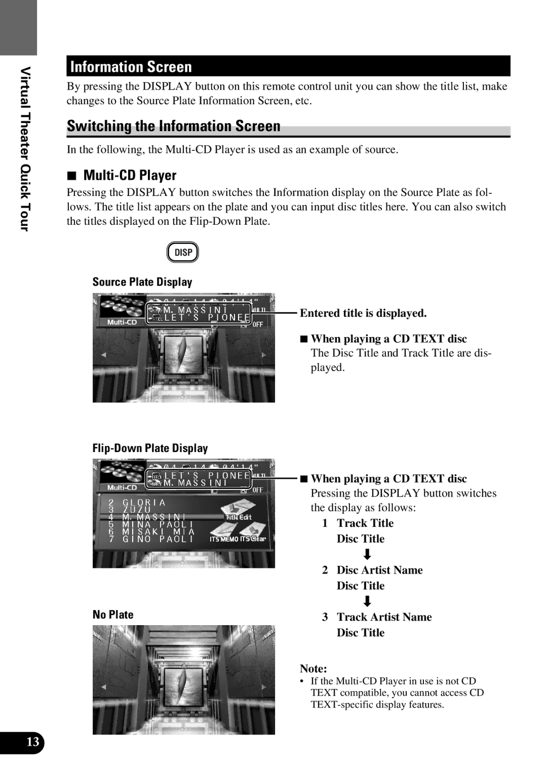 Pioneer AVM-P9000 owner manual Switching the Information Screen, Entered title is displayed When playing a CD Text disc 