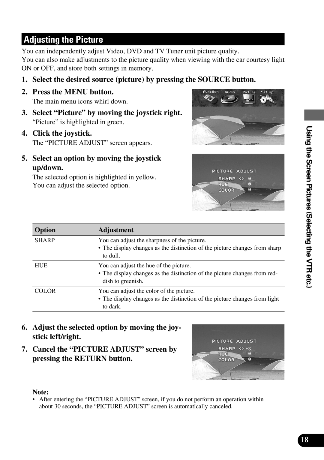 Pioneer AVM-P9000 owner manual Adjusting the Picture, Select Picture by moving the joystick right, Option Adjustment 