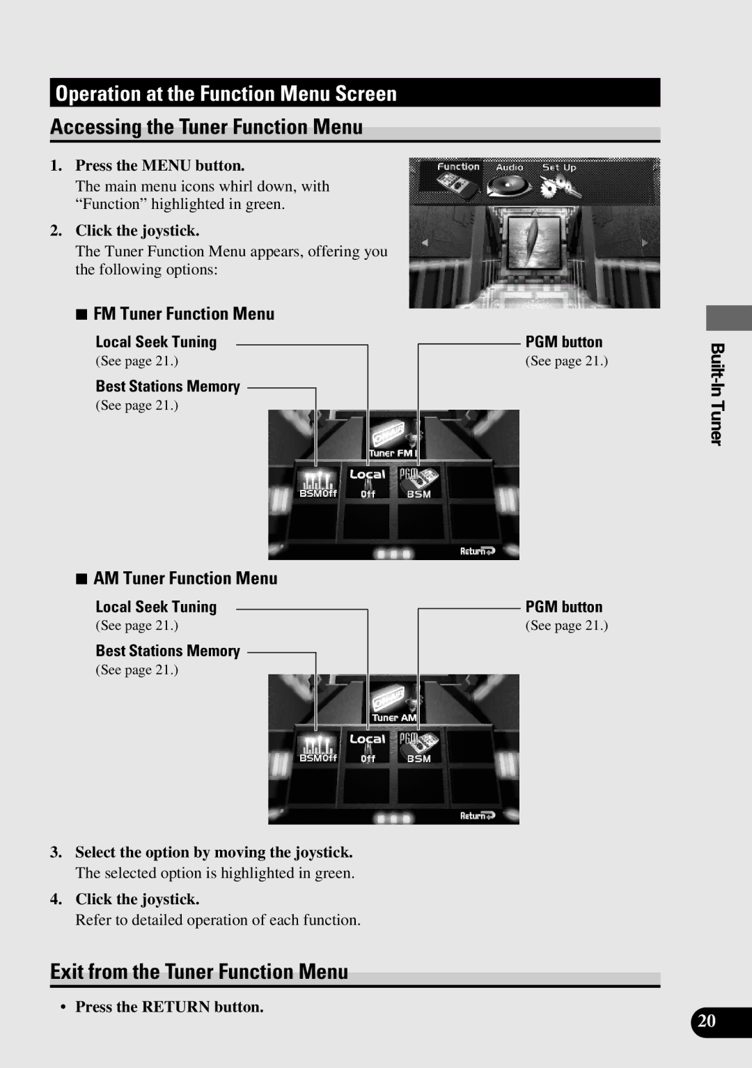 Pioneer AVM-P9000 Operation at the Function Menu Screen, Accessing the Tuner Function Menu, FM Tuner Function Menu 