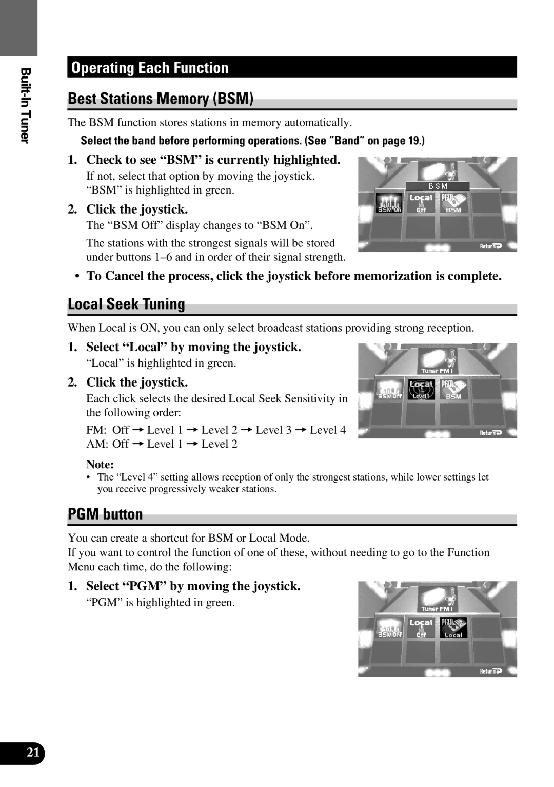 Pioneer AVM-P9000 owner manual Operating Each Function, Best Stations Memory BSM, Local Seek Tuning, PGM button 