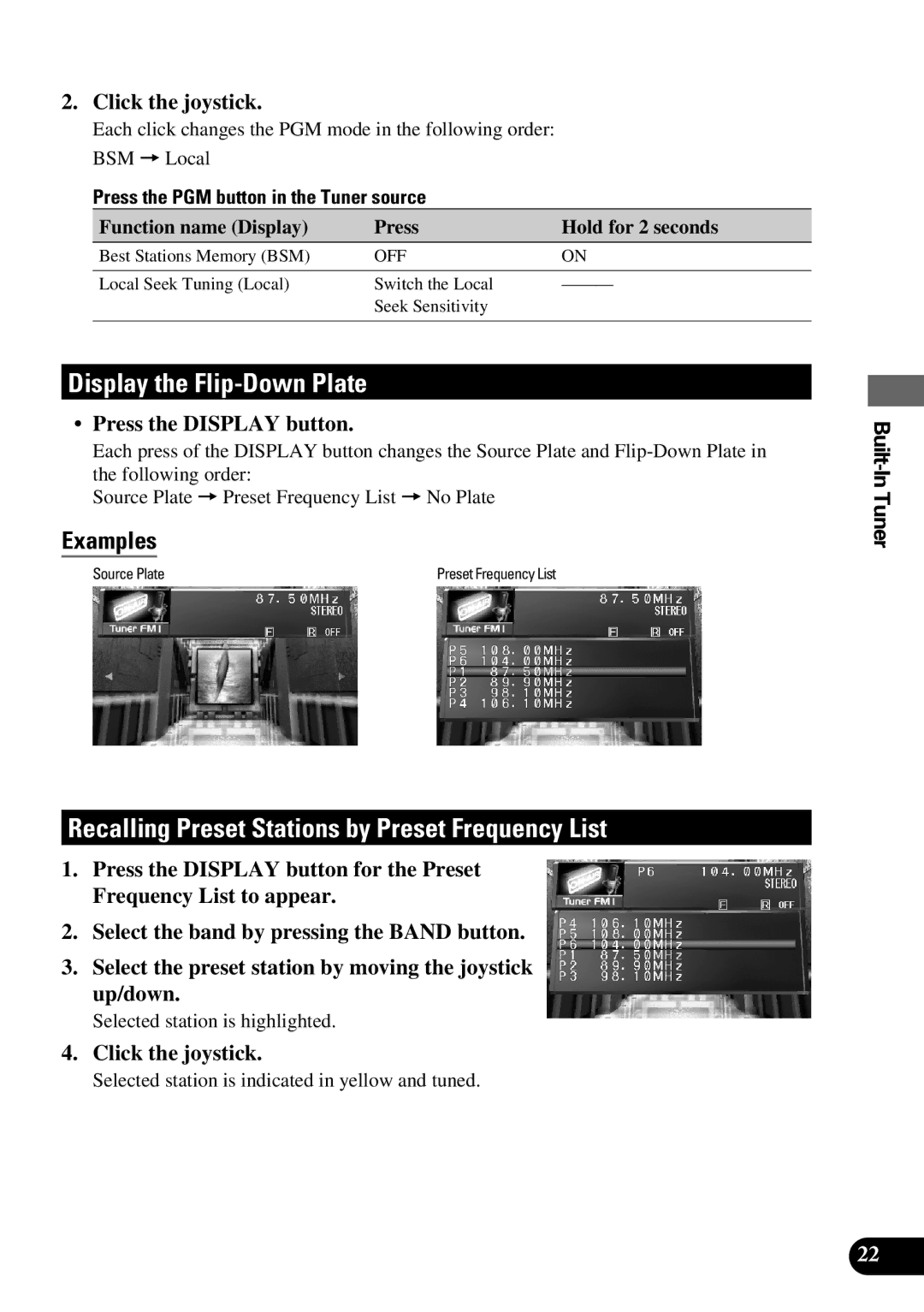 Pioneer AVM-P9000 owner manual Display the Flip-Down Plate, Recalling Preset Stations by Preset Frequency List, Off 