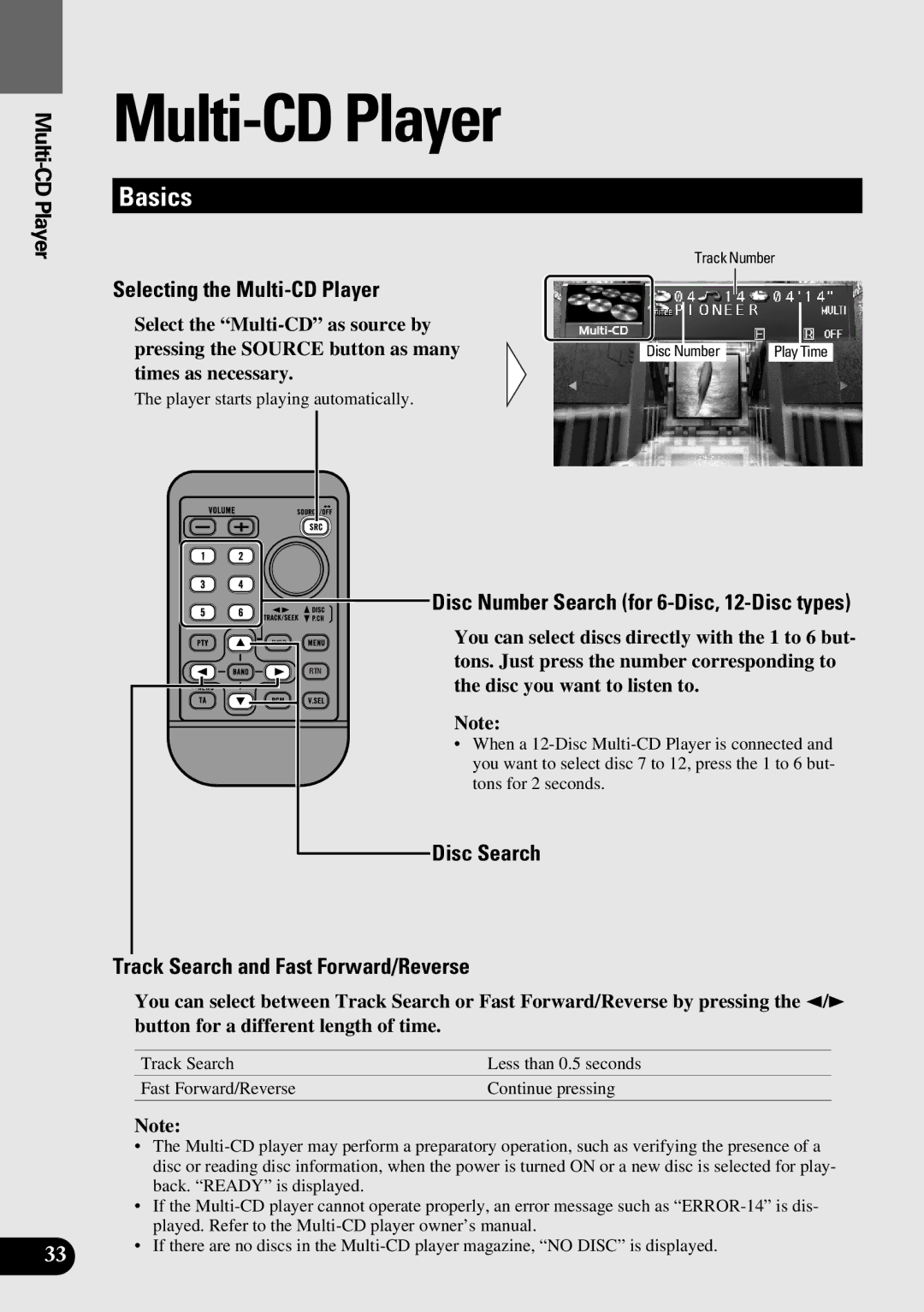 Pioneer AVM-P9000 owner manual Selecting the Multi-CD Player, Disc Number Search for 6-Disc, 12-Disc types 