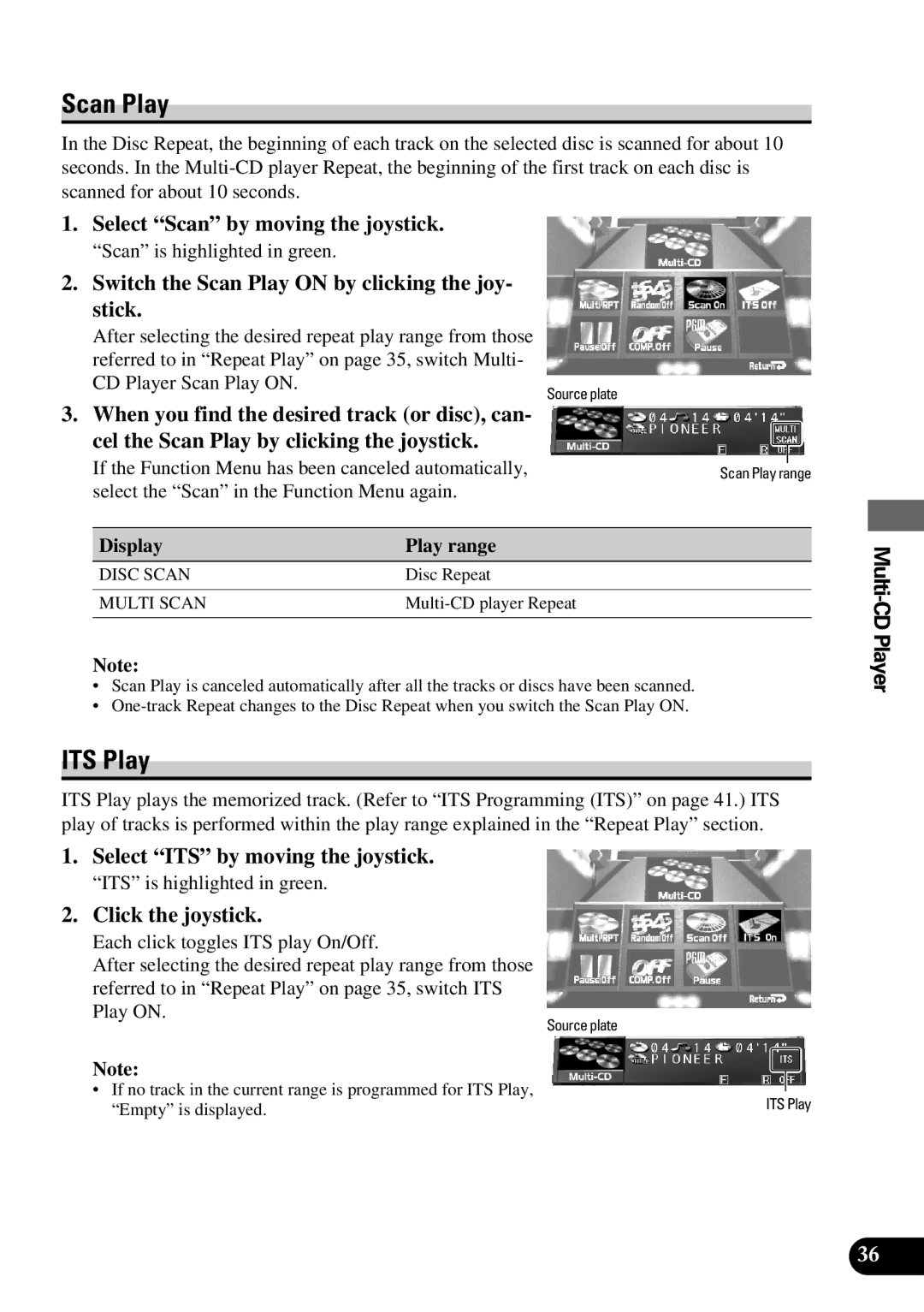 Pioneer AVM-P9000 owner manual Switch the Scan Play on by clicking the joy Stick, Disc Scan, Multi Scan 