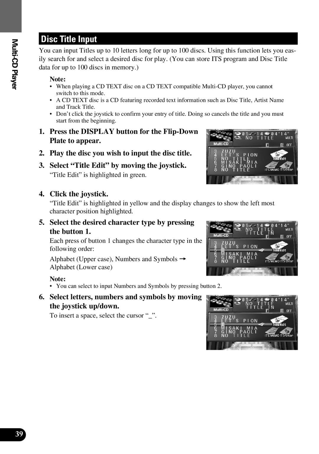 Pioneer AVM-P9000 owner manual Disc Title Input, Select the desired character type by pressing the button 