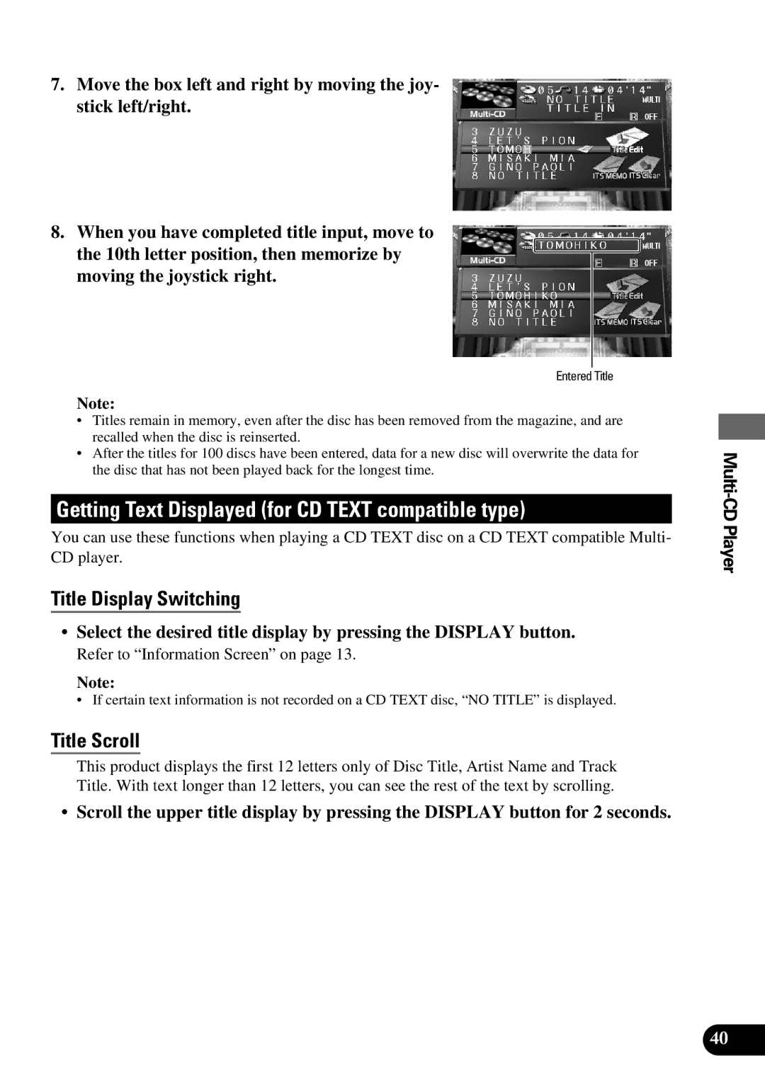 Pioneer AVM-P9000 owner manual Getting Text Displayed for CD Text compatible type, Title Display Switching 