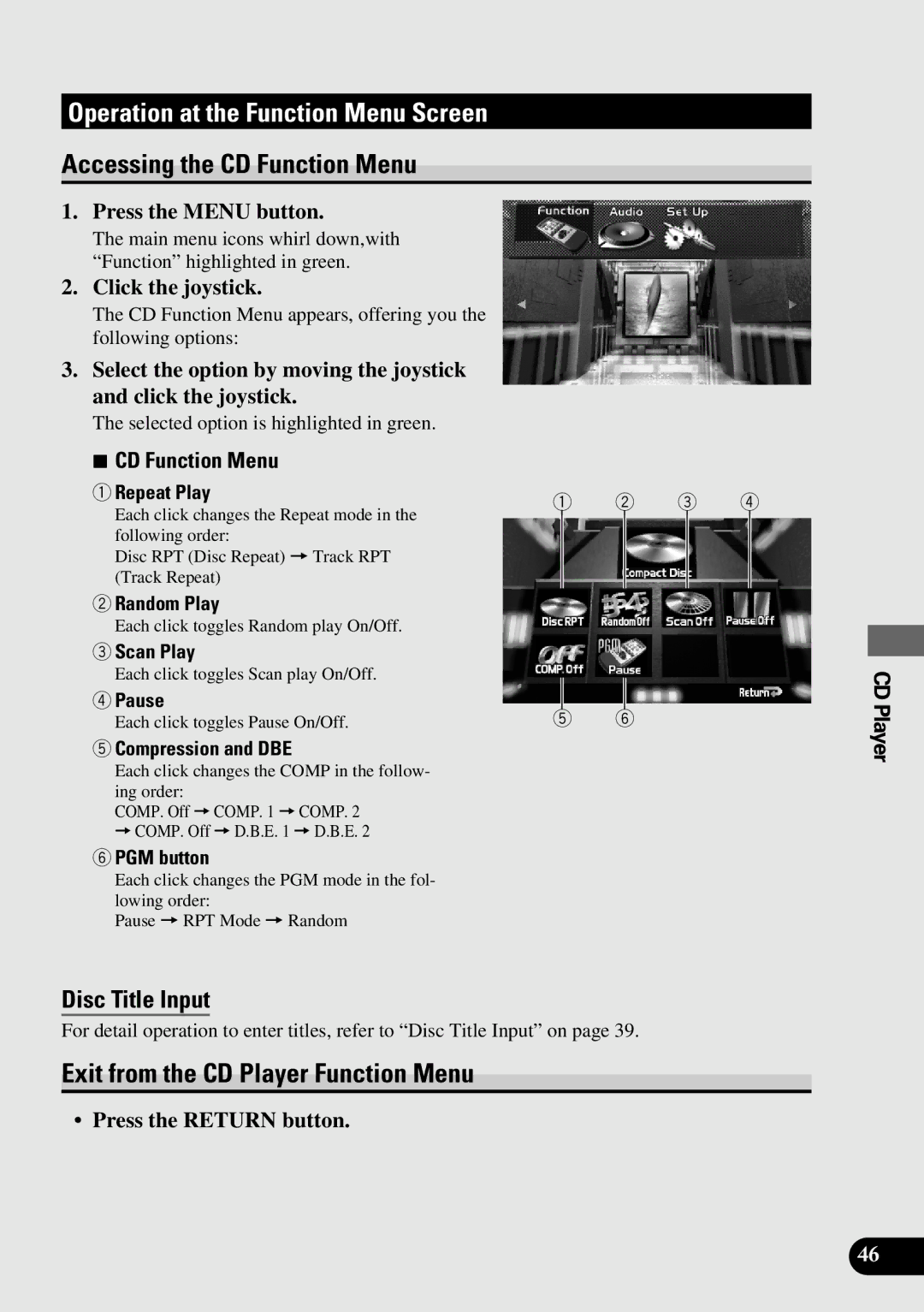 Pioneer AVM-P9000 owner manual Accessing the CD Function Menu, Exit from the CD Player Function Menu 