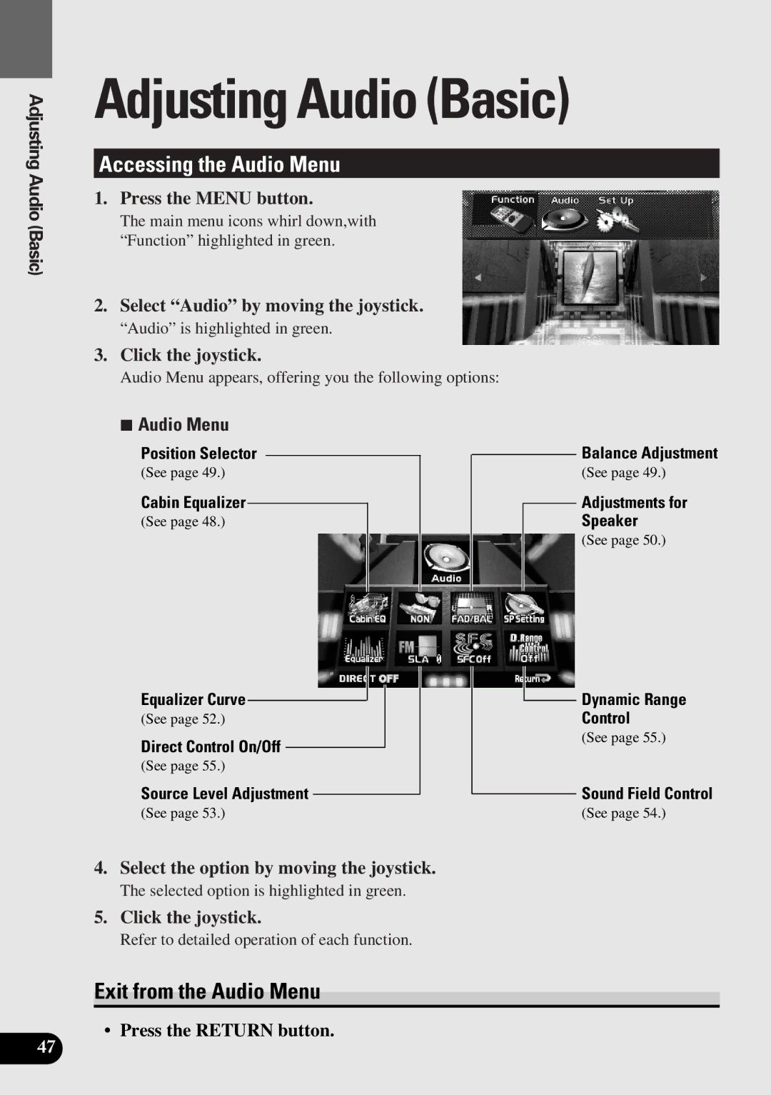 Pioneer AVM-P9000 owner manual Adjusting Audio Basic, Accessing the Audio Menu, Exit from the Audio Menu 