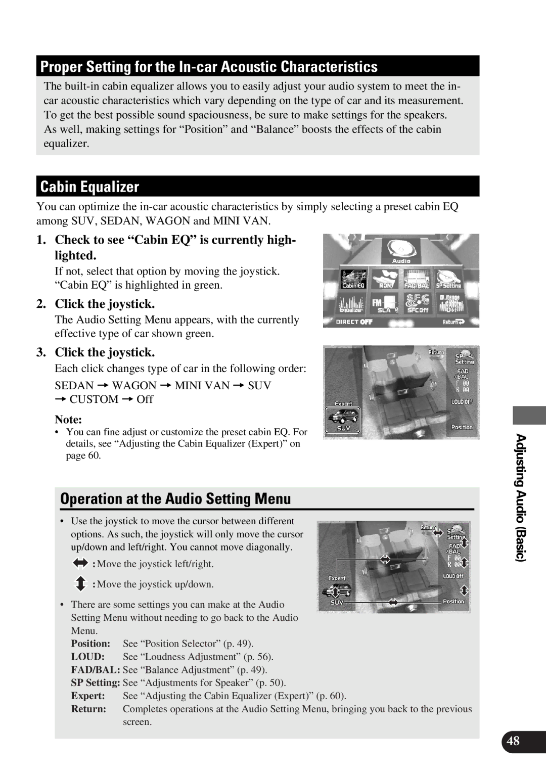 Pioneer AVM-P9000 Proper Setting for the In-car Acoustic Characteristics, Cabin Equalizer, Adjusting Audio Basic 