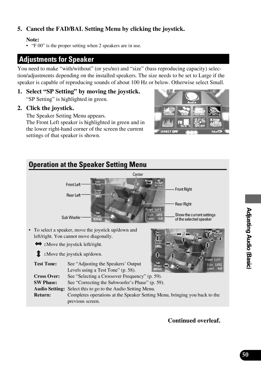 Pioneer AVM-P9000 Adjustments for Speaker, Operation at the Speaker Setting Menu, Select SP Setting by moving the joystick 