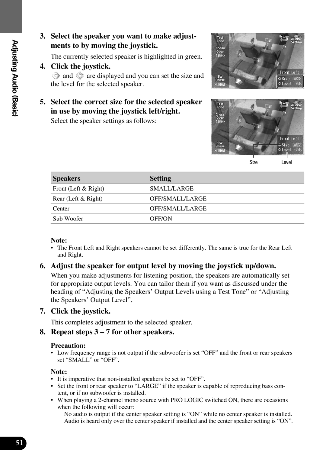 Pioneer AVM-P9000 owner manual Repeat steps 3 7 for other speakers, Speakers Setting, Off/Small/Large, Off/On 