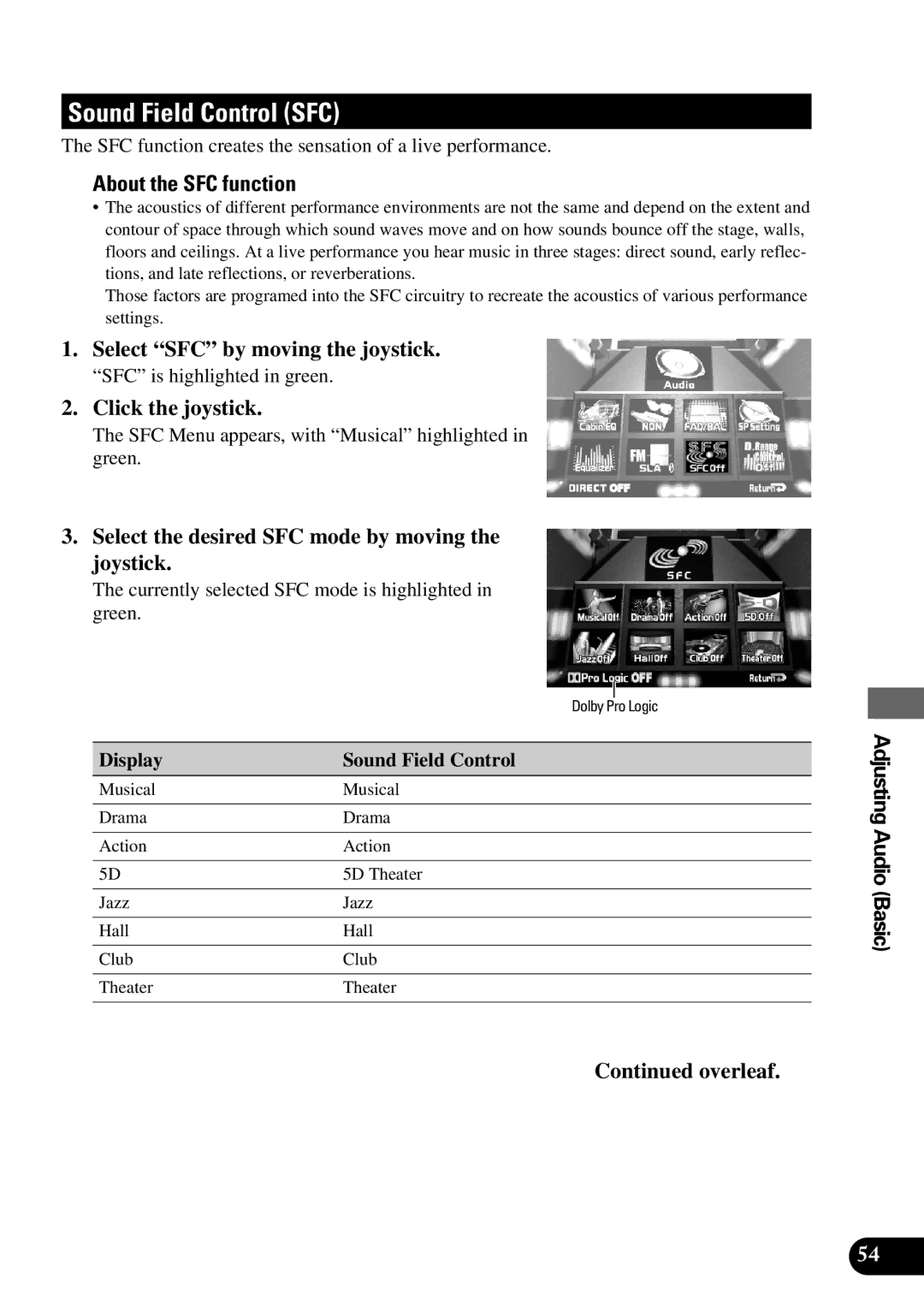 Pioneer AVM-P9000 owner manual Sound Field Control SFC, About the SFC function, Select SFC by moving the joystick 