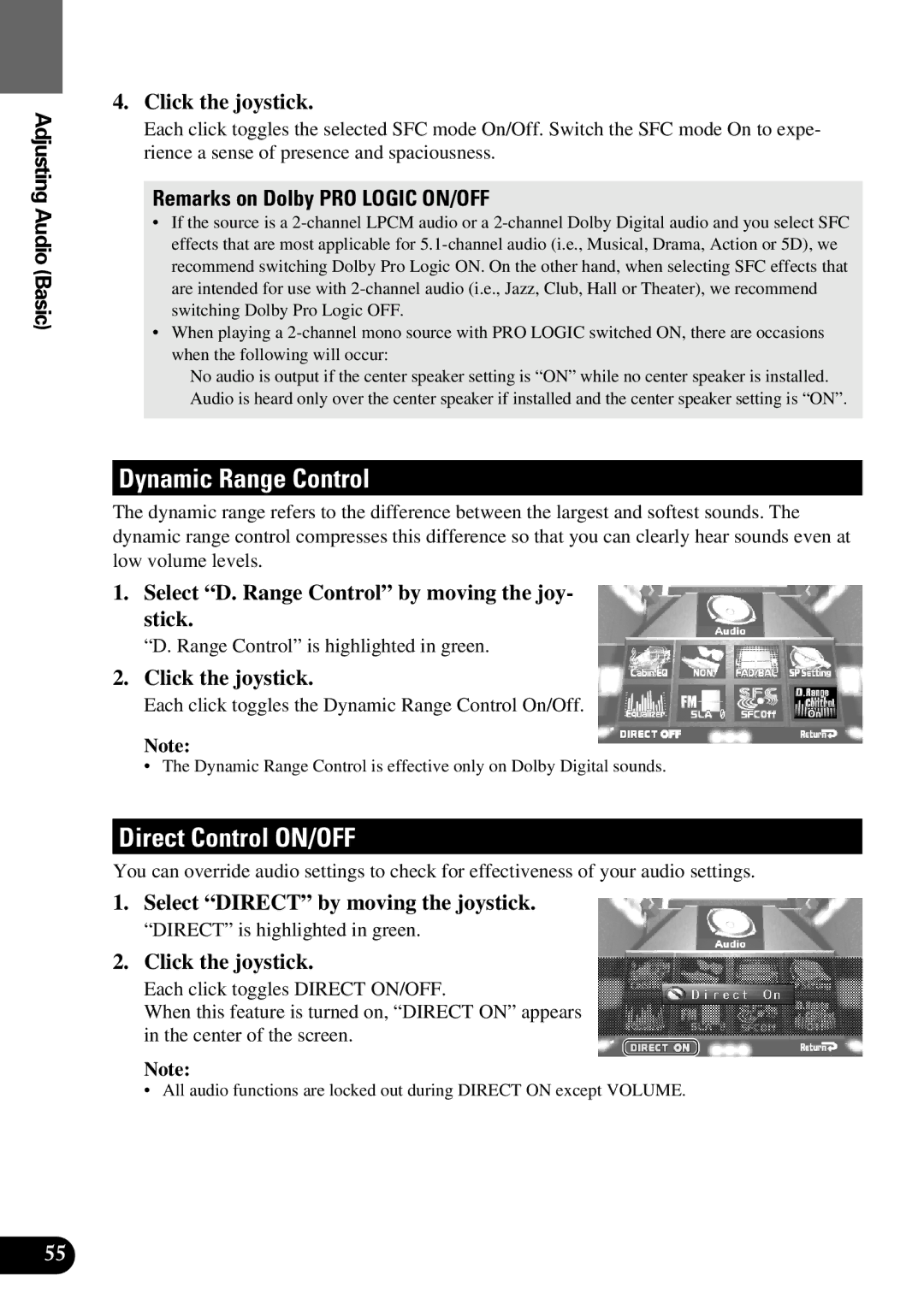 Pioneer AVM-P9000 owner manual Dynamic Range Control, Direct Control ON/OFF, Remarks on Dolby PRO Logic ON/OFF 