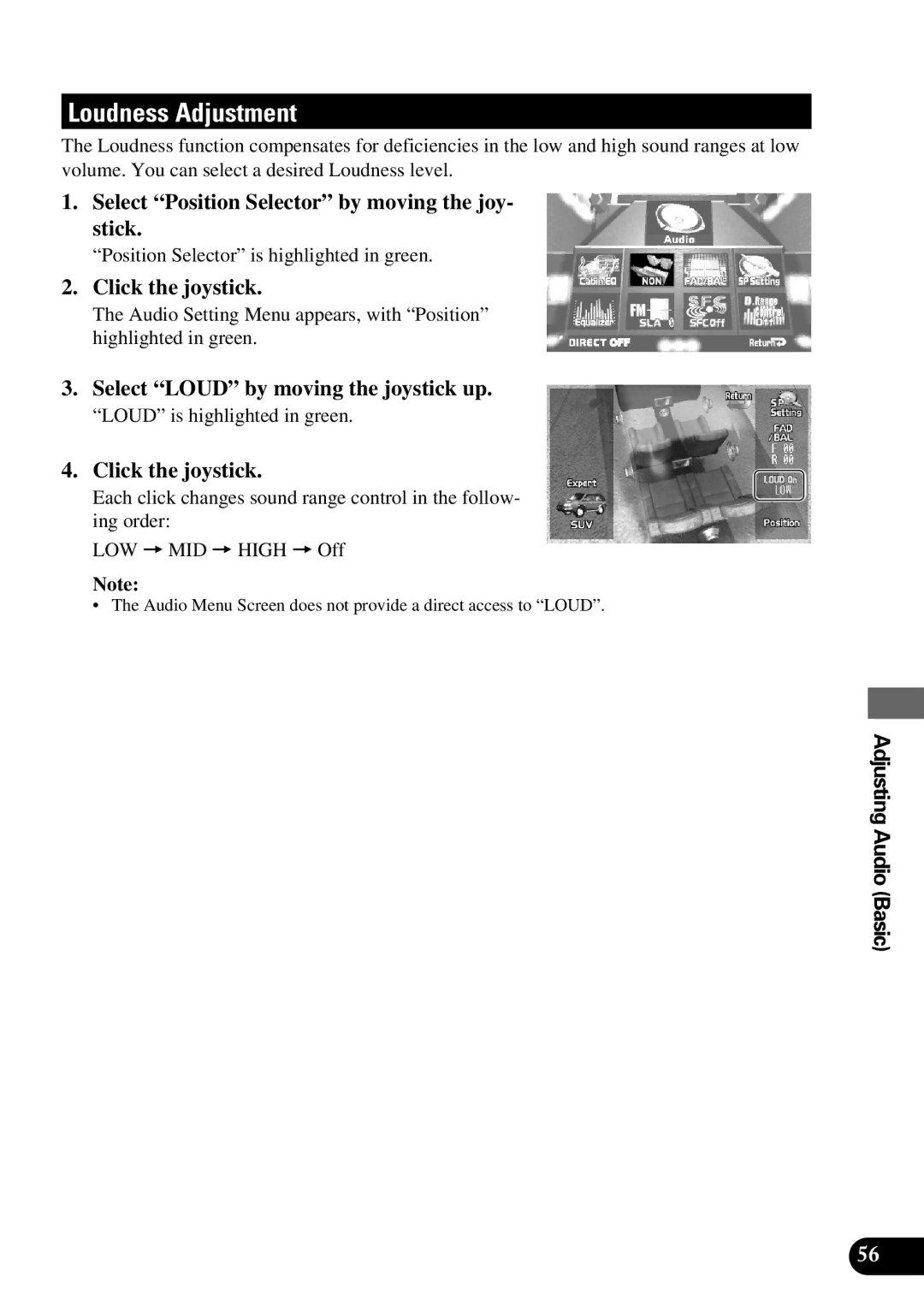 Pioneer AVM-P9000 owner manual Loudness Adjustment, Select Loud by moving the joystick up 