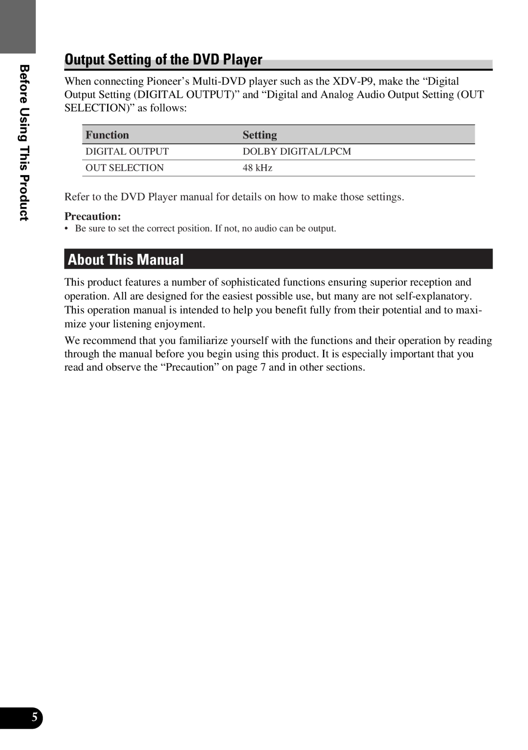 Pioneer AVM-P9000 owner manual Output Setting of the DVD Player, About This Manual, Function Setting, Precaution 