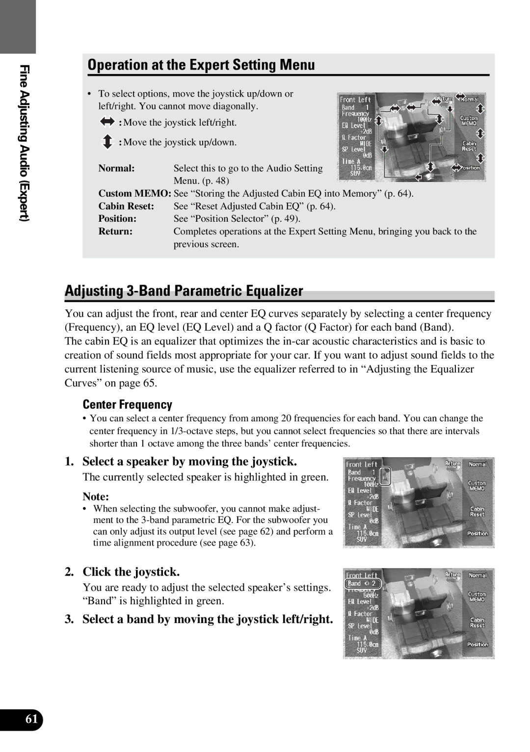 Pioneer AVM-P9000 Operation at the Expert Setting Menu, Adjusting 3-Band Parametric Equalizer, Center Frequency 