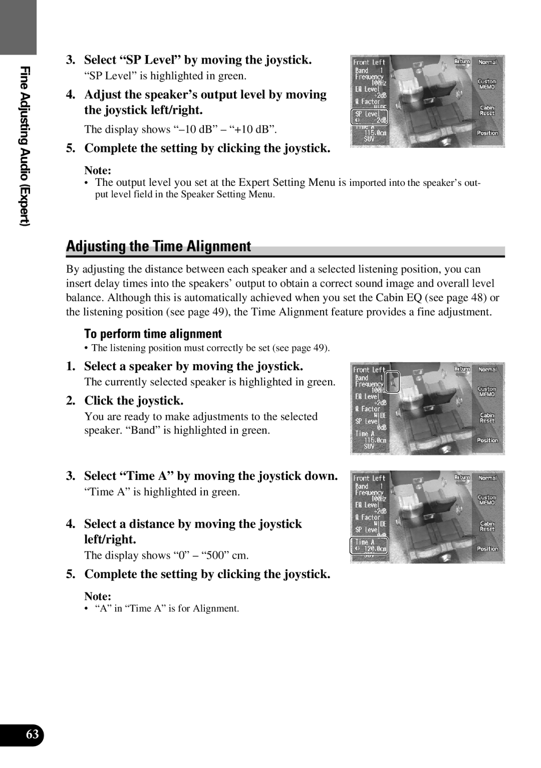 Pioneer AVM-P9000 Adjusting the Time Alignment, Select SP Level by moving the joystick, To perform time alignment 