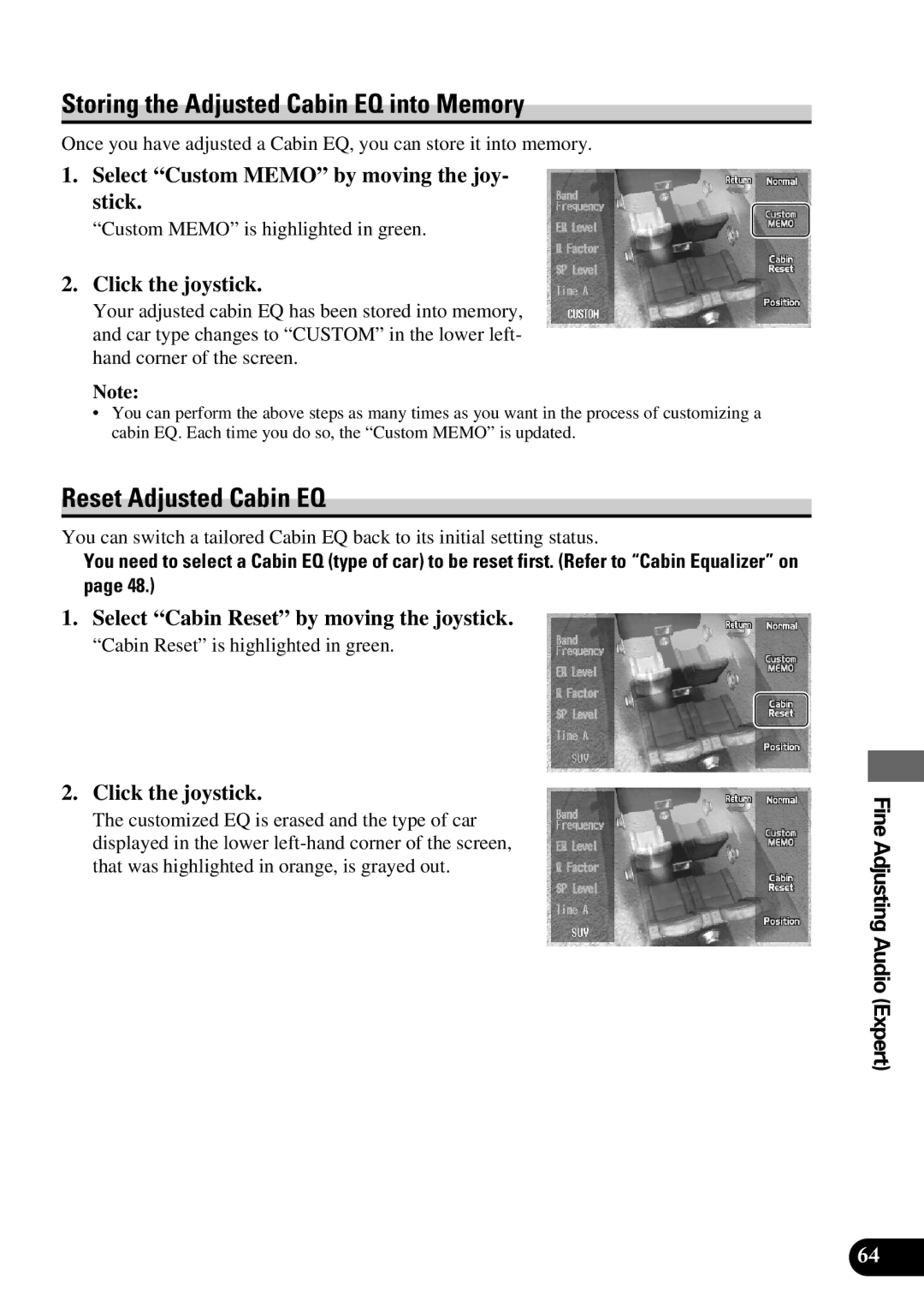 Pioneer AVM-P9000 owner manual Storing the Adjusted Cabin EQ into Memory, Reset Adjusted Cabin EQ 