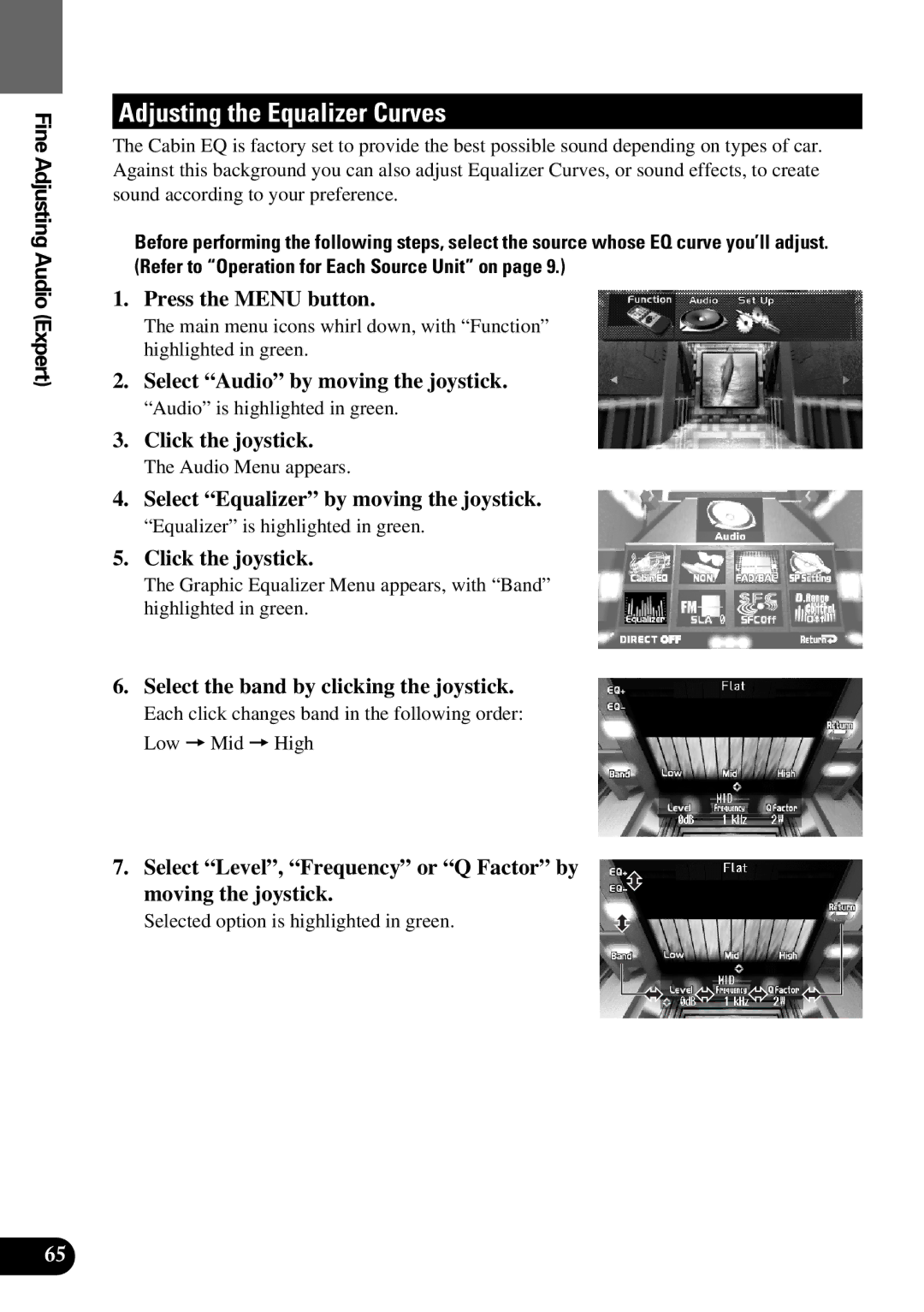 Pioneer AVM-P9000 owner manual Adjusting the Equalizer Curves, Select the band by clicking the joystick 