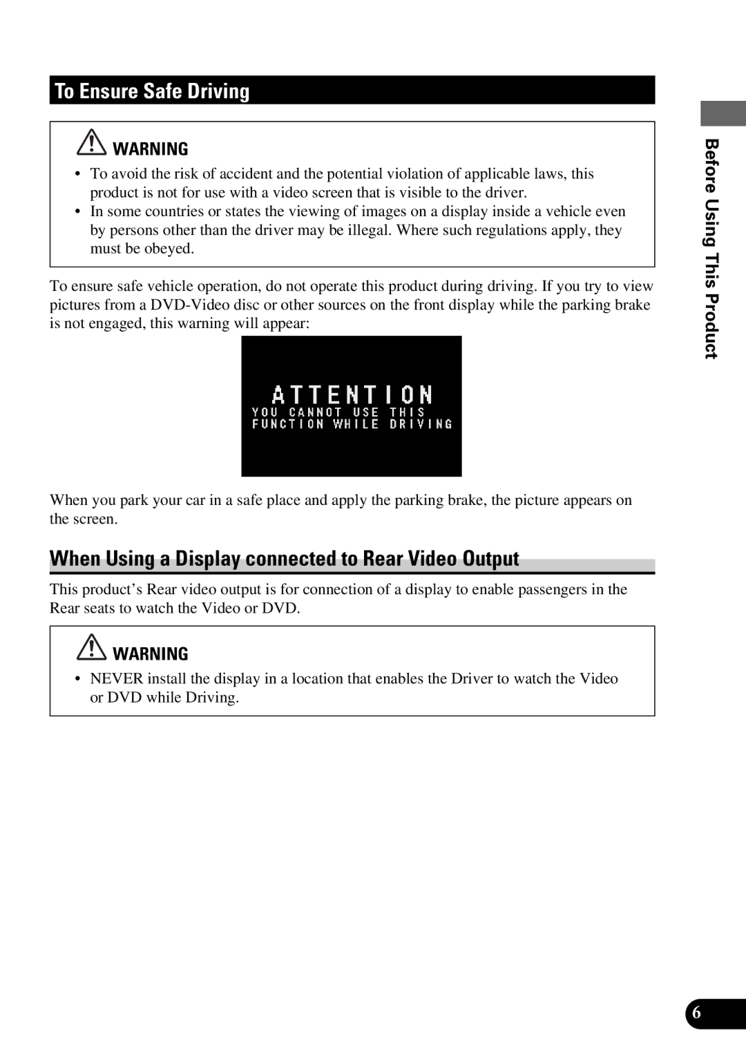 Pioneer AVM-P9000 owner manual To Ensure Safe Driving, When Using a Display connected to Rear Video Output 