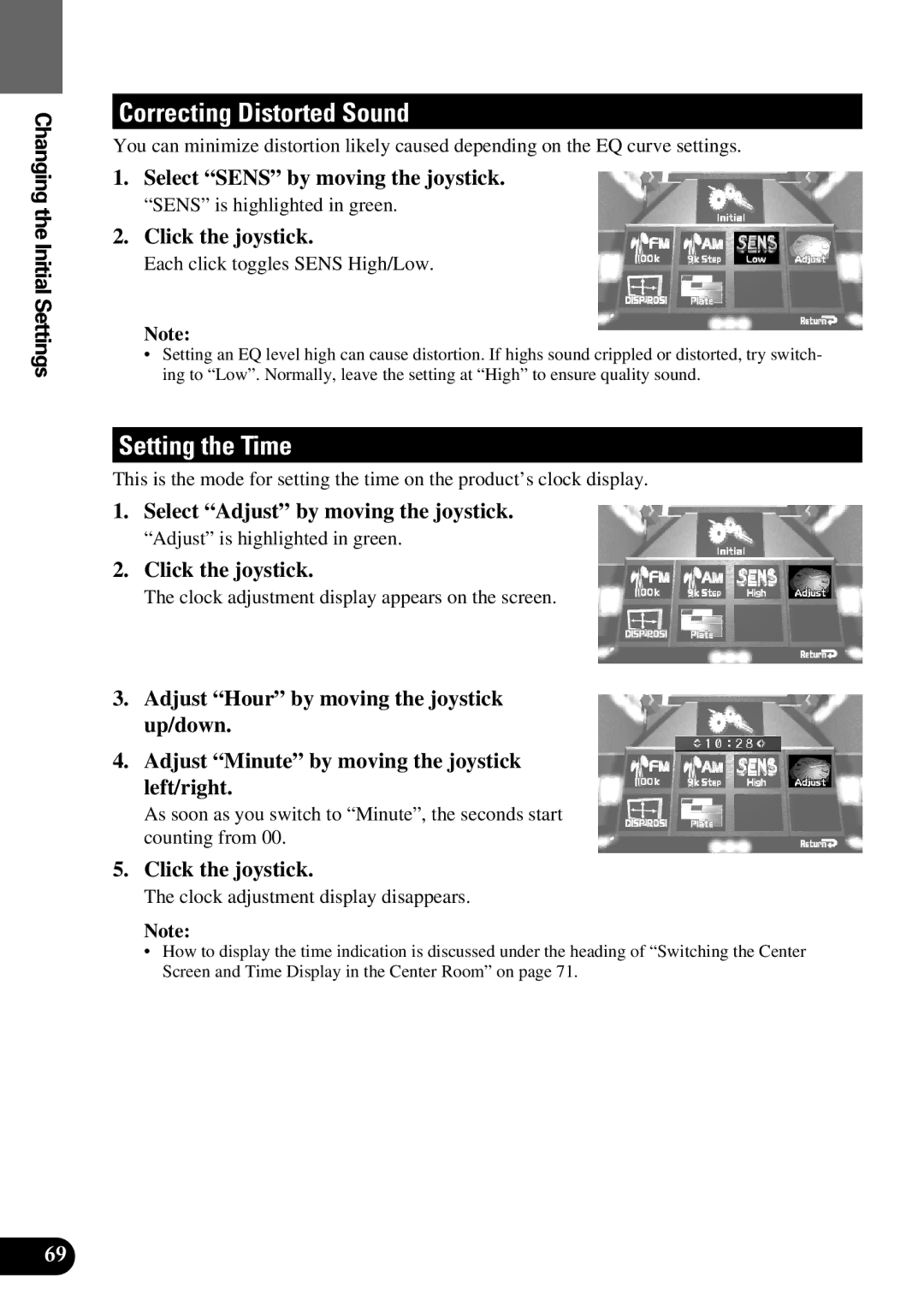 Pioneer AVM-P9000 owner manual Correcting Distorted Sound, Setting the Time, Select Sens by moving the joystick 