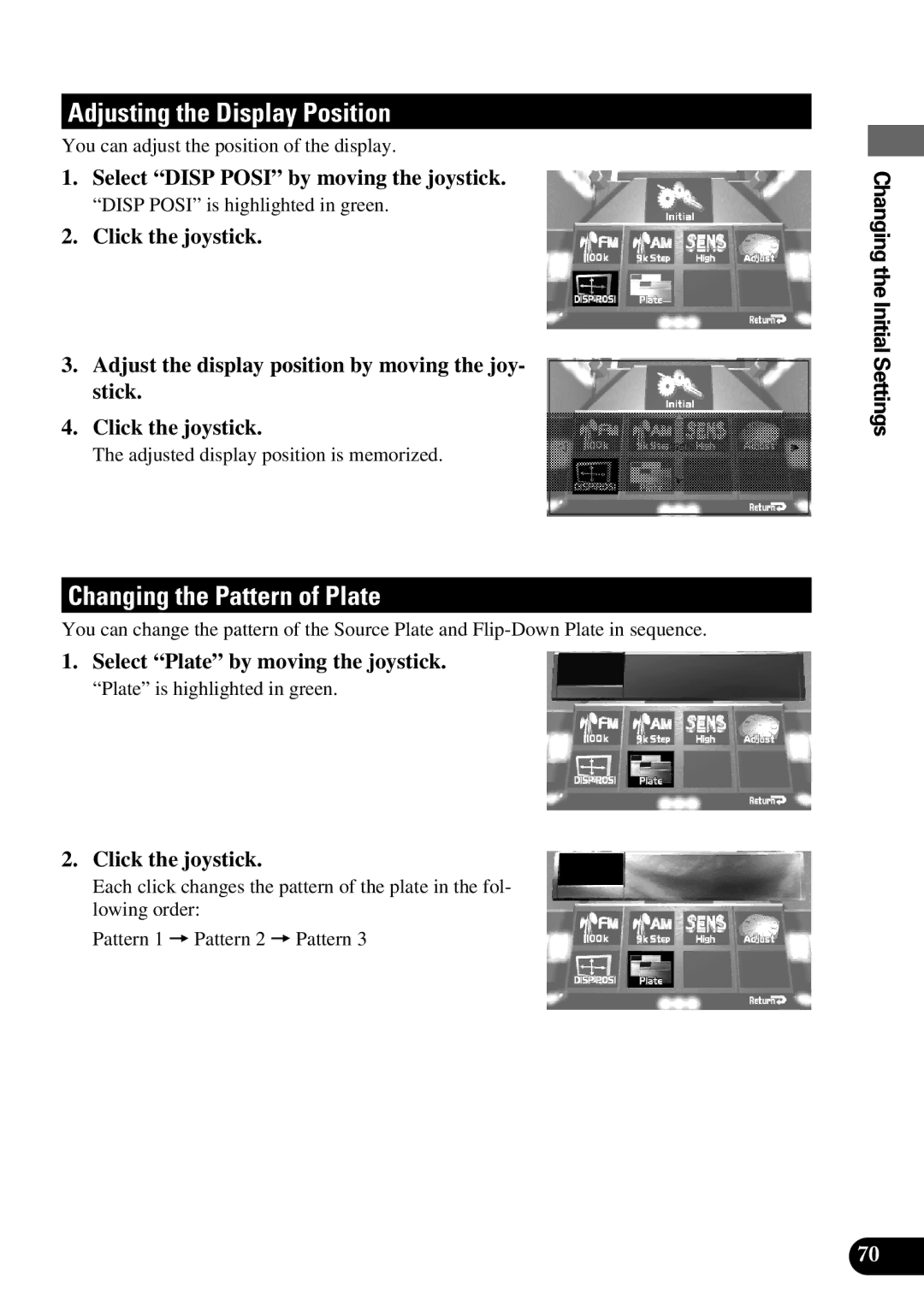 Pioneer AVM-P9000 Adjusting the Display Position, Changing the Pattern of Plate, Select Disp Posi by moving the joystick 