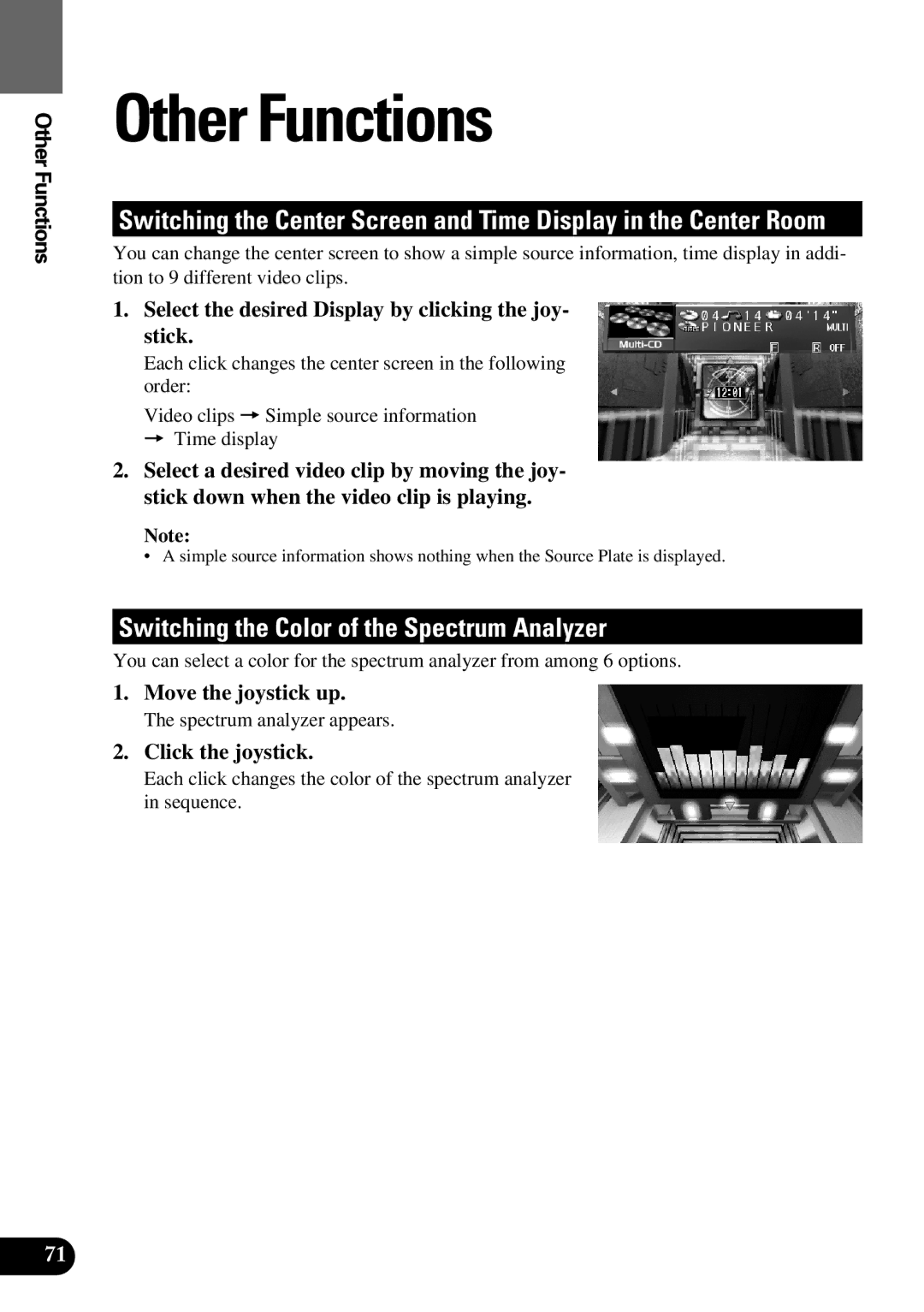 Pioneer AVM-P9000 owner manual Other Functions, Switching the Color of the Spectrum Analyzer, Move the joystick up 