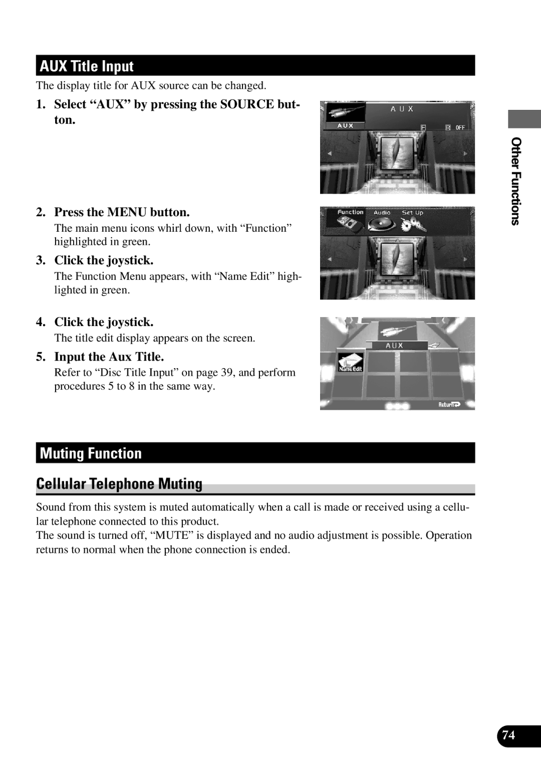 Pioneer AVM-P9000 owner manual AUX Title Input, Muting Function, Cellular Telephone Muting, Input the Aux Title 