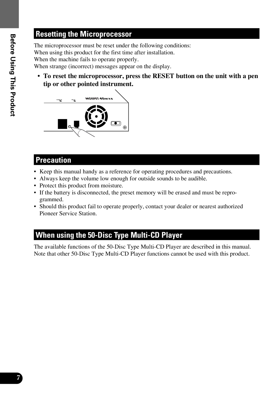 Pioneer AVM-P9000 owner manual Resetting the Microprocessor, Precaution, When using the 50-Disc Type Multi-CD Player 