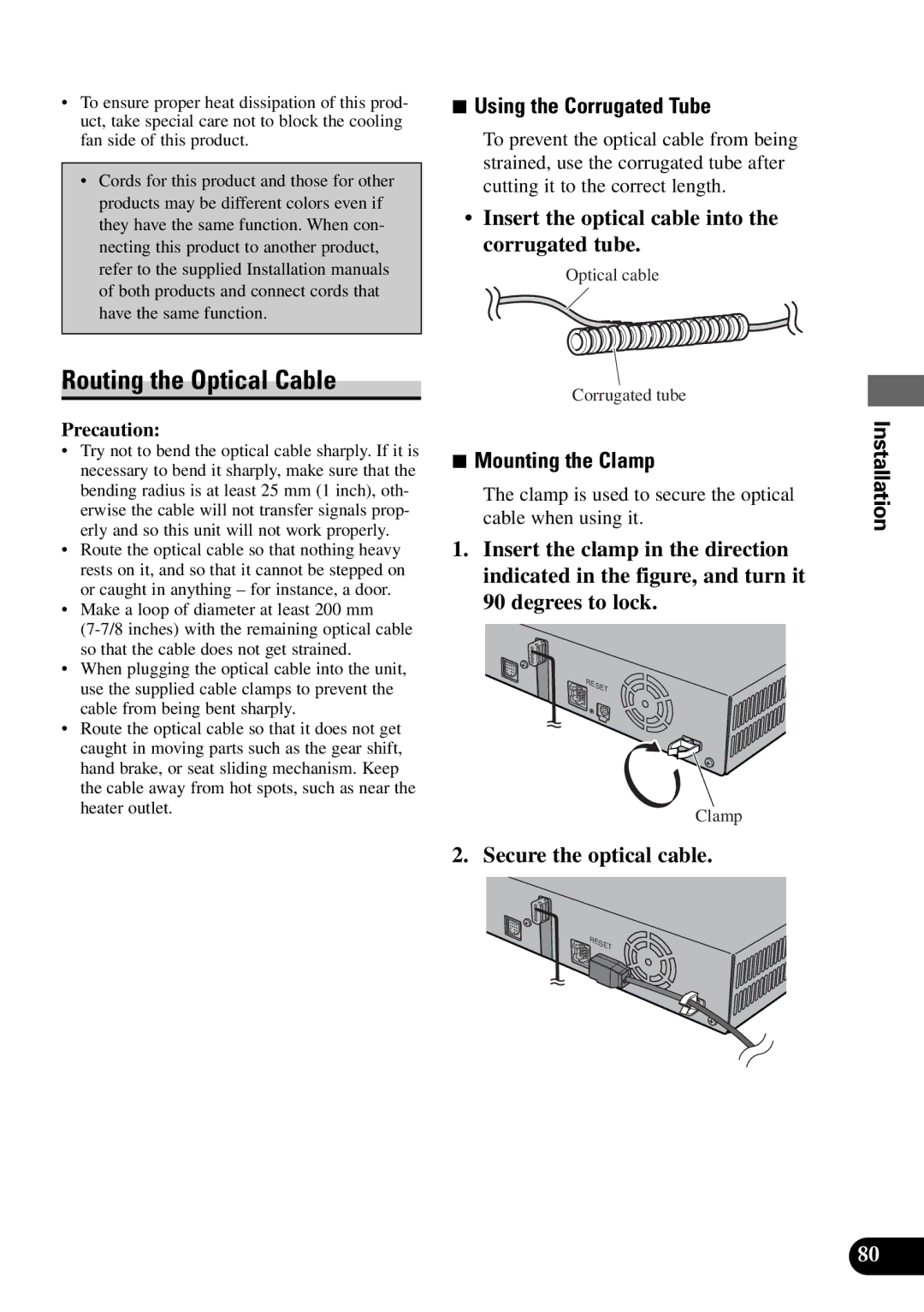 Pioneer AVM-P9000 Routing the Optical Cable, Using the Corrugated Tube, Insert the optical cable into the corrugated tube 