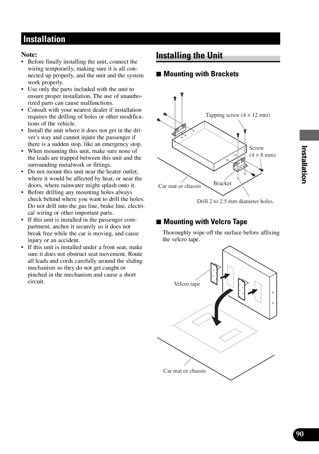 Pioneer AVM-P9000 owner manual Installation, Installing the Unit, Mounting with Brackets, Mounting with Velcro Tape 