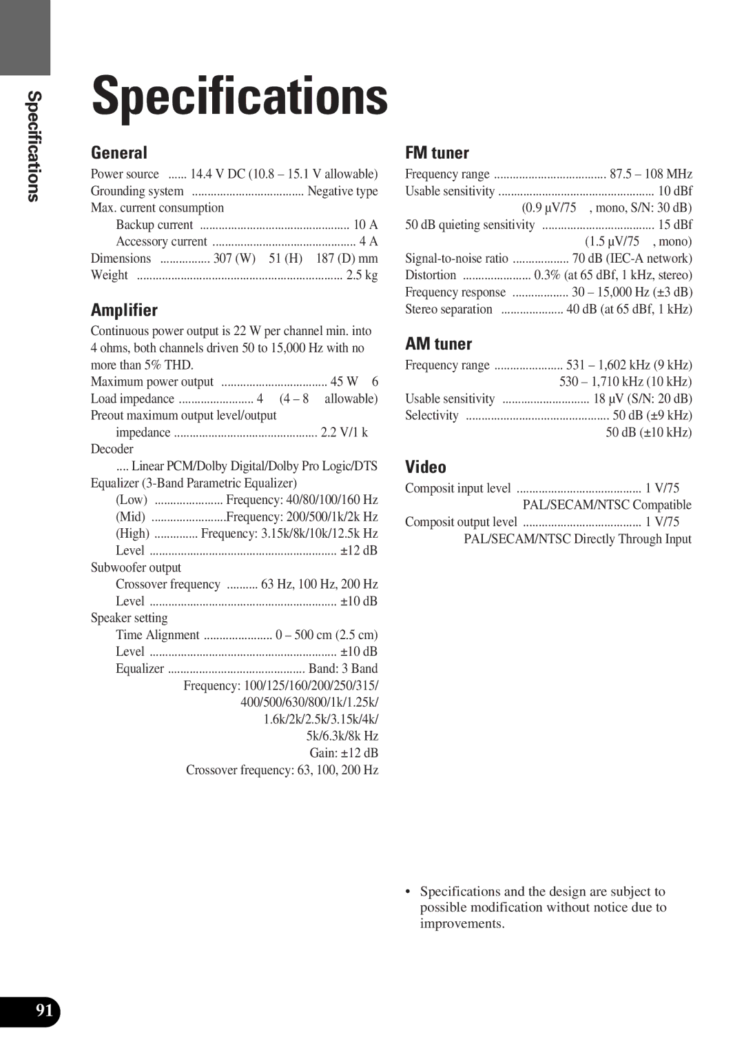 Pioneer AVM-P9000 owner manual Specifications, Amplifier, FM tuner, AM tuner, Video 