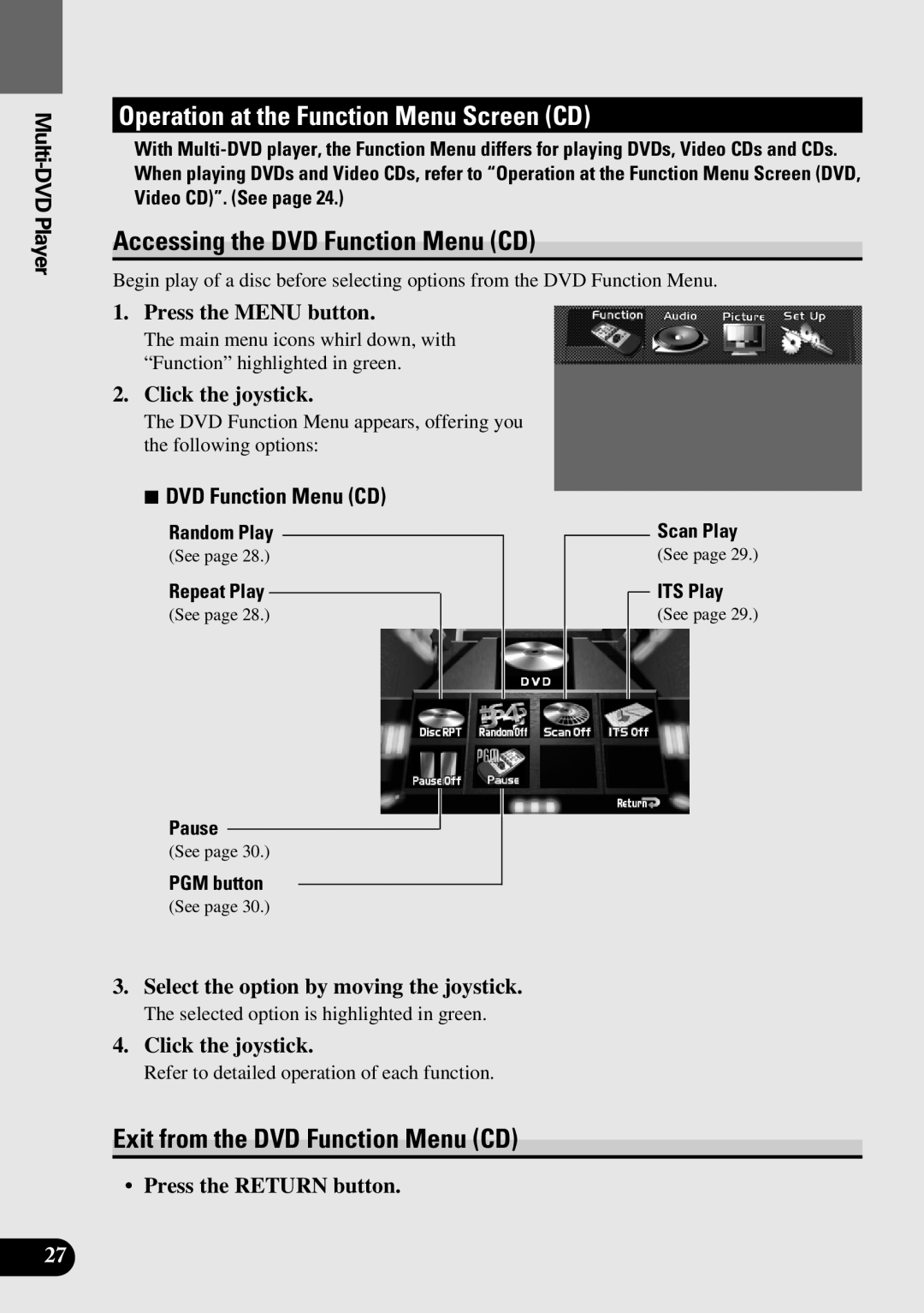 Pioneer AVM-P9000 Operation at the Function Menu Screen CD, Accessing the DVD Function Menu CD, 7DVD Function Menu CD 