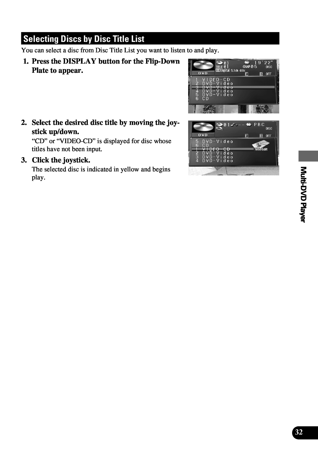 Pioneer AVM-P9000 owner manual Selecting Discs by Disc Title List, Click the joystick, Multi-DVDPlayer, Continued overleaf 