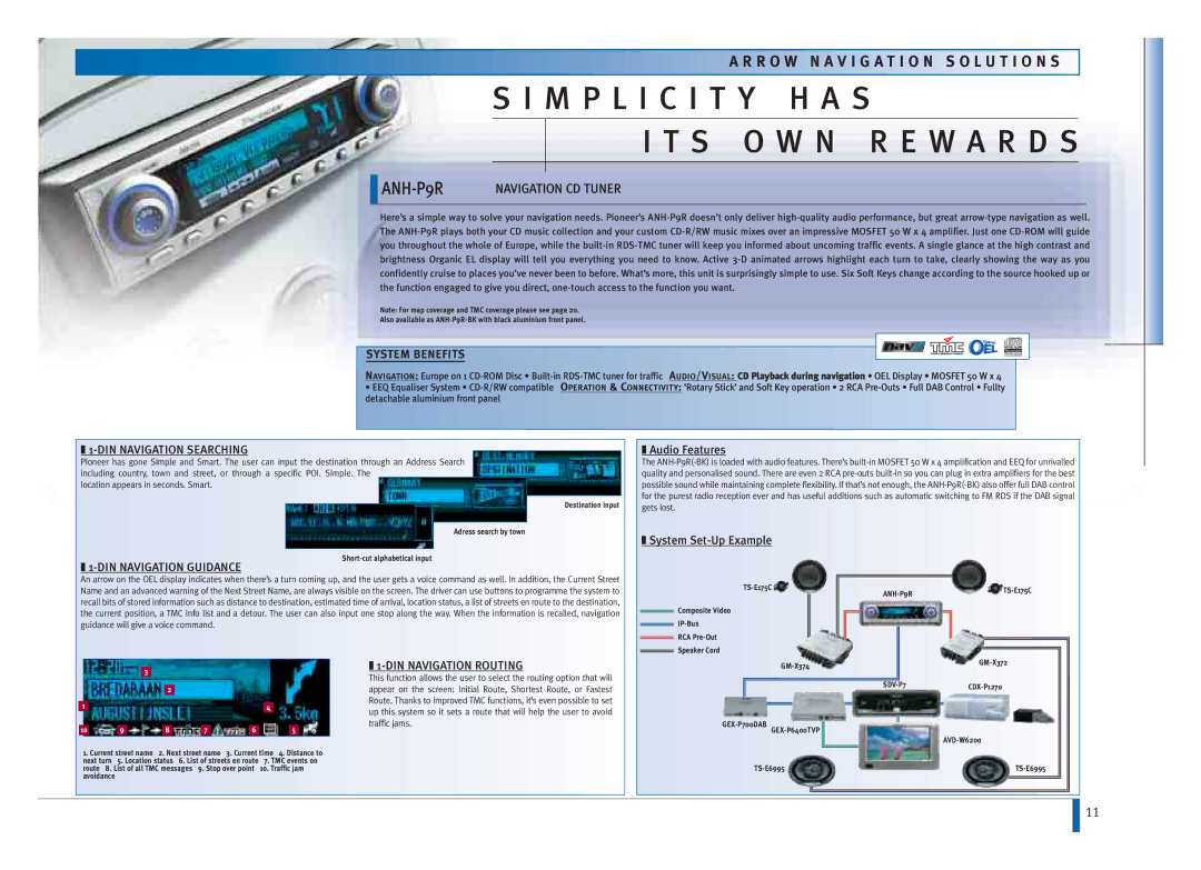 Pioneer AVM-P9000R manual ANH-P9R, Navigation CD Tuner, Audio Features, System Set-Up Example 