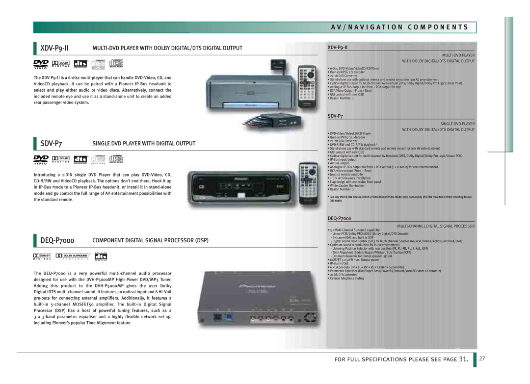 Pioneer AVM-P9000R manual XDV-P9-II, SDV-P7 