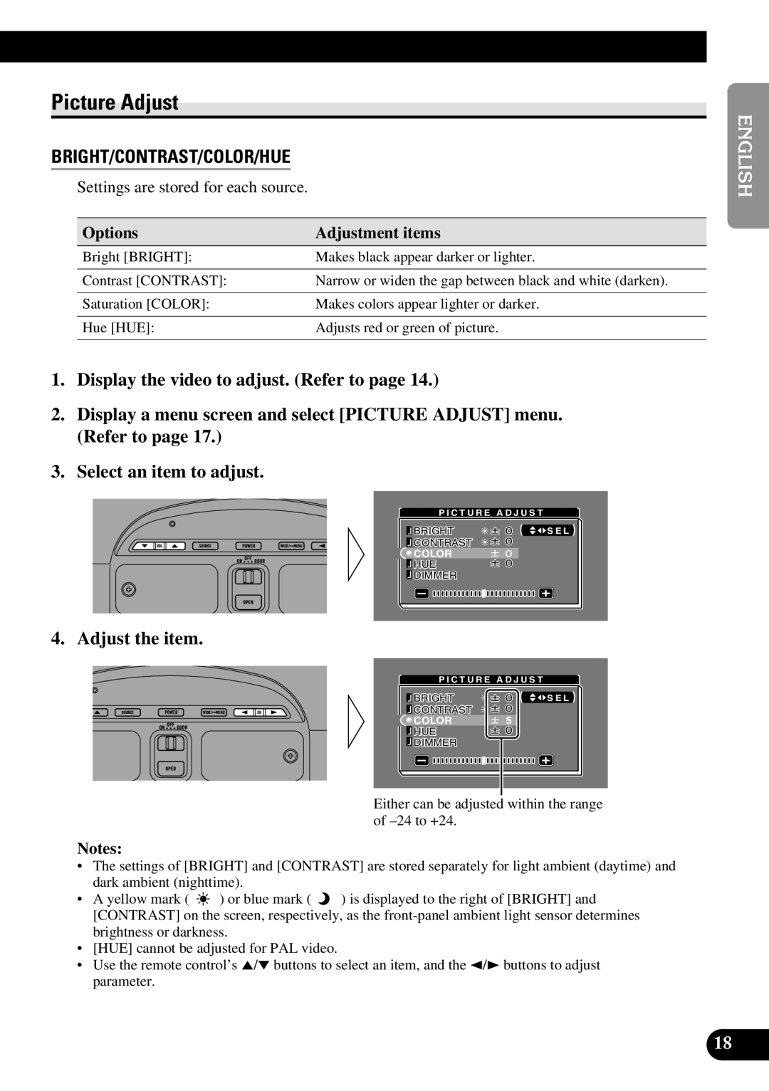 Pioneer AVR-W6100 owner manual Picture Adjust, Adjust the item, Options Adjustment items 