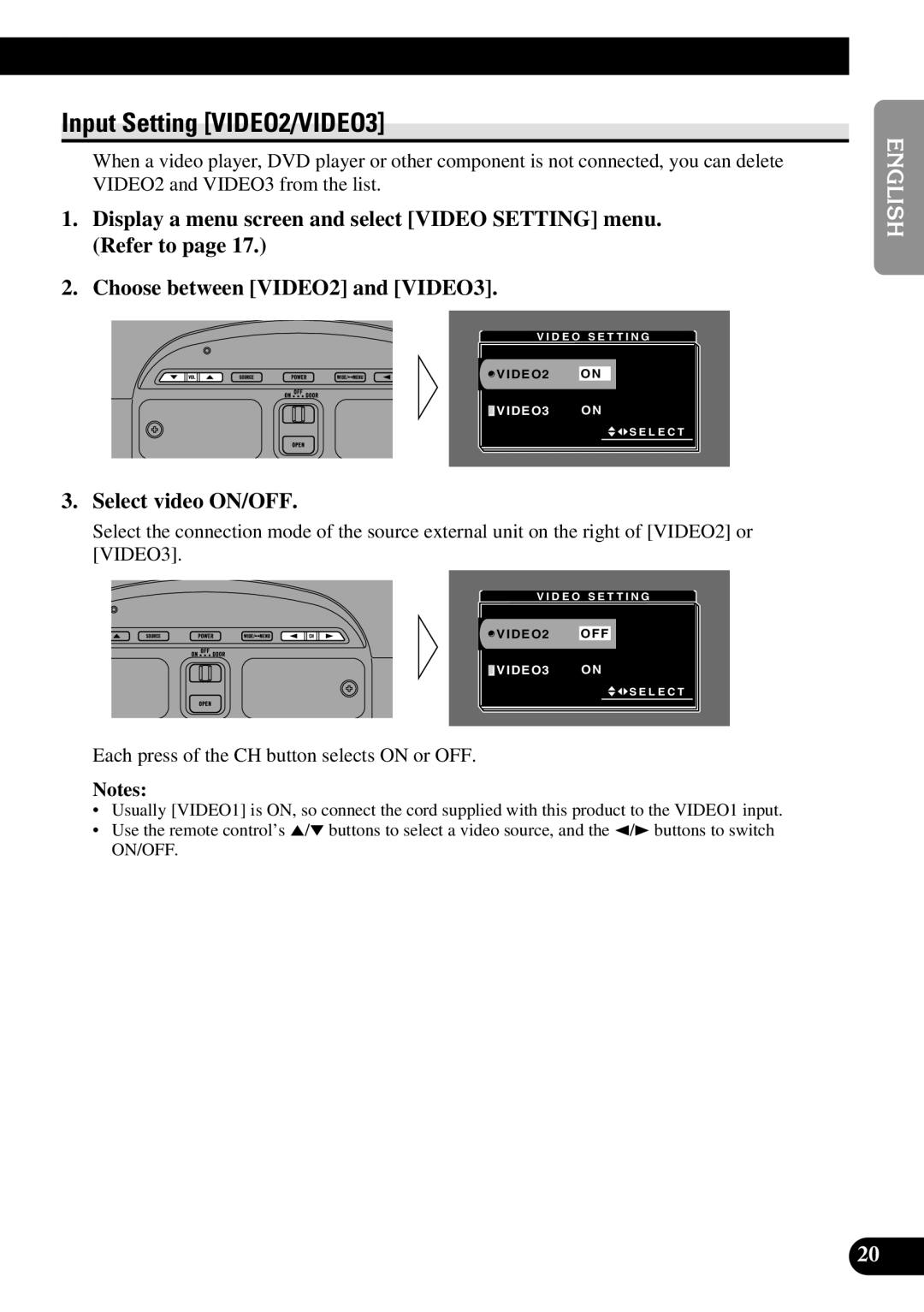 Pioneer AVR-W6100 owner manual Input Setting VIDEO2/VIDEO3, Select video ON/OFF 