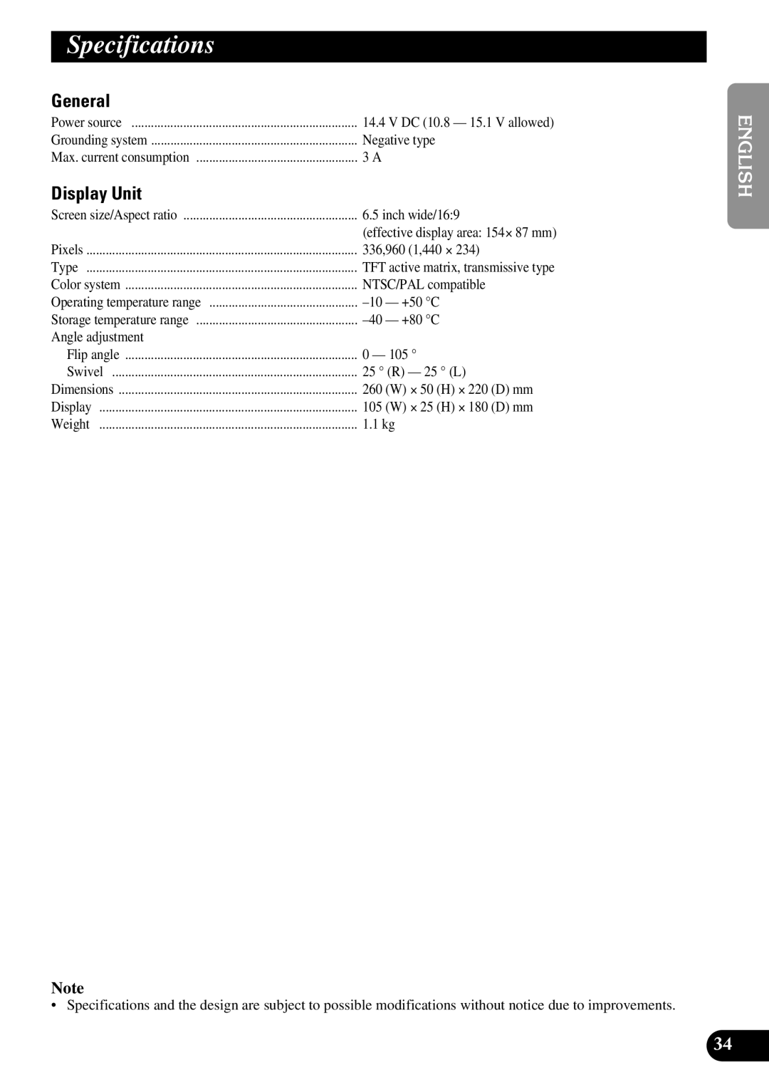 Pioneer AVR-W6100 owner manual Specifications, General, Display Unit 