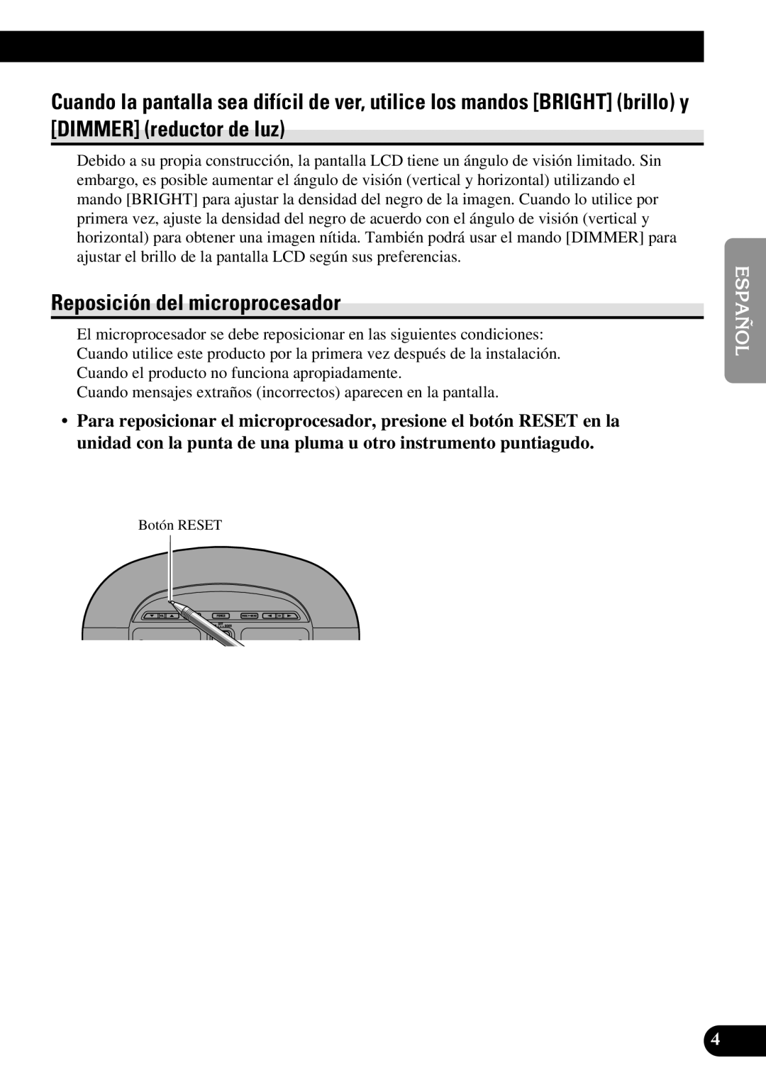 Pioneer AVR-W6100 owner manual Reposición del microprocesador 