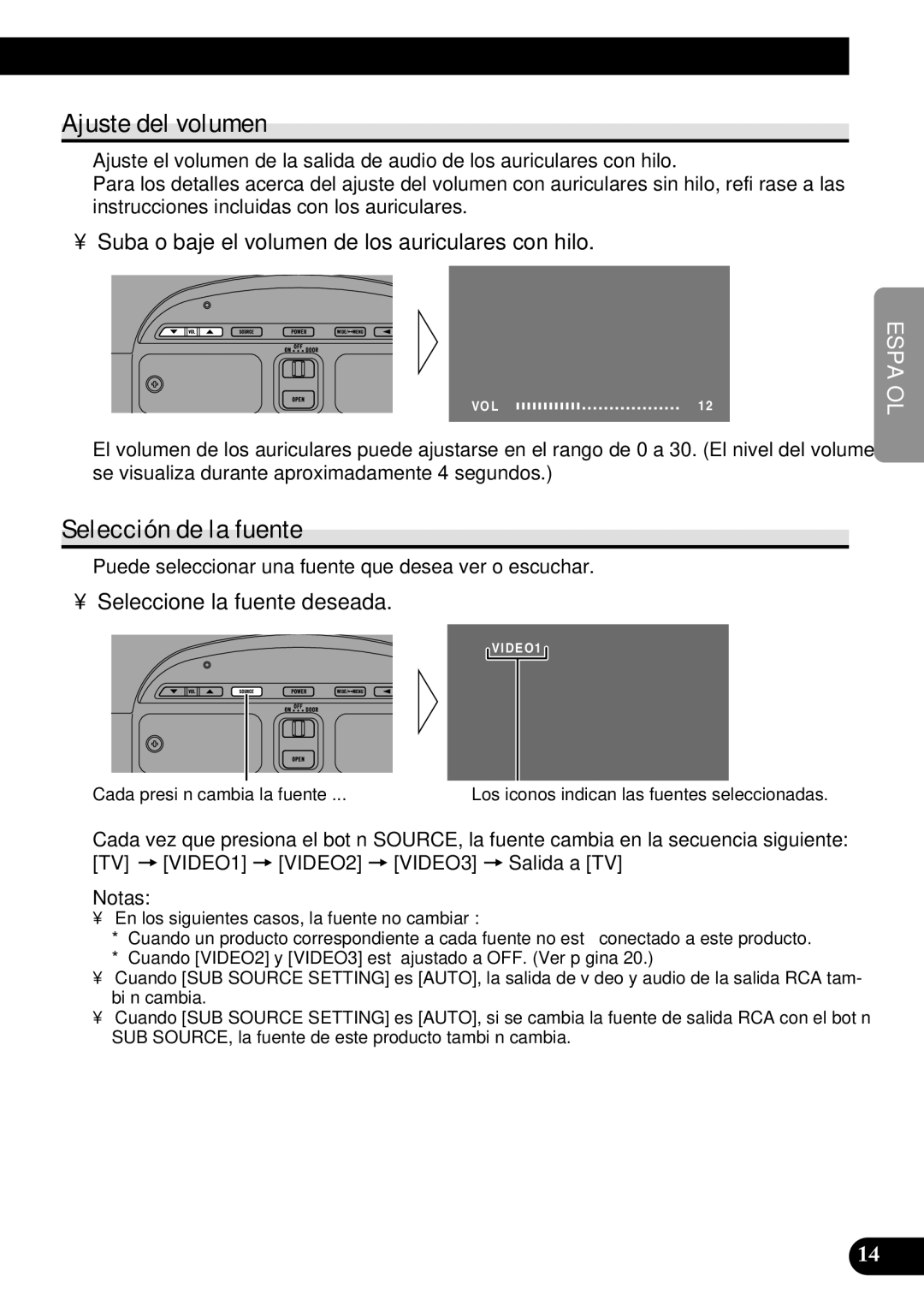 Pioneer AVR-W6100 Ajuste del volumen, Selección de la fuente, Suba o baje el volumen de los auriculares con hilo, Notas 