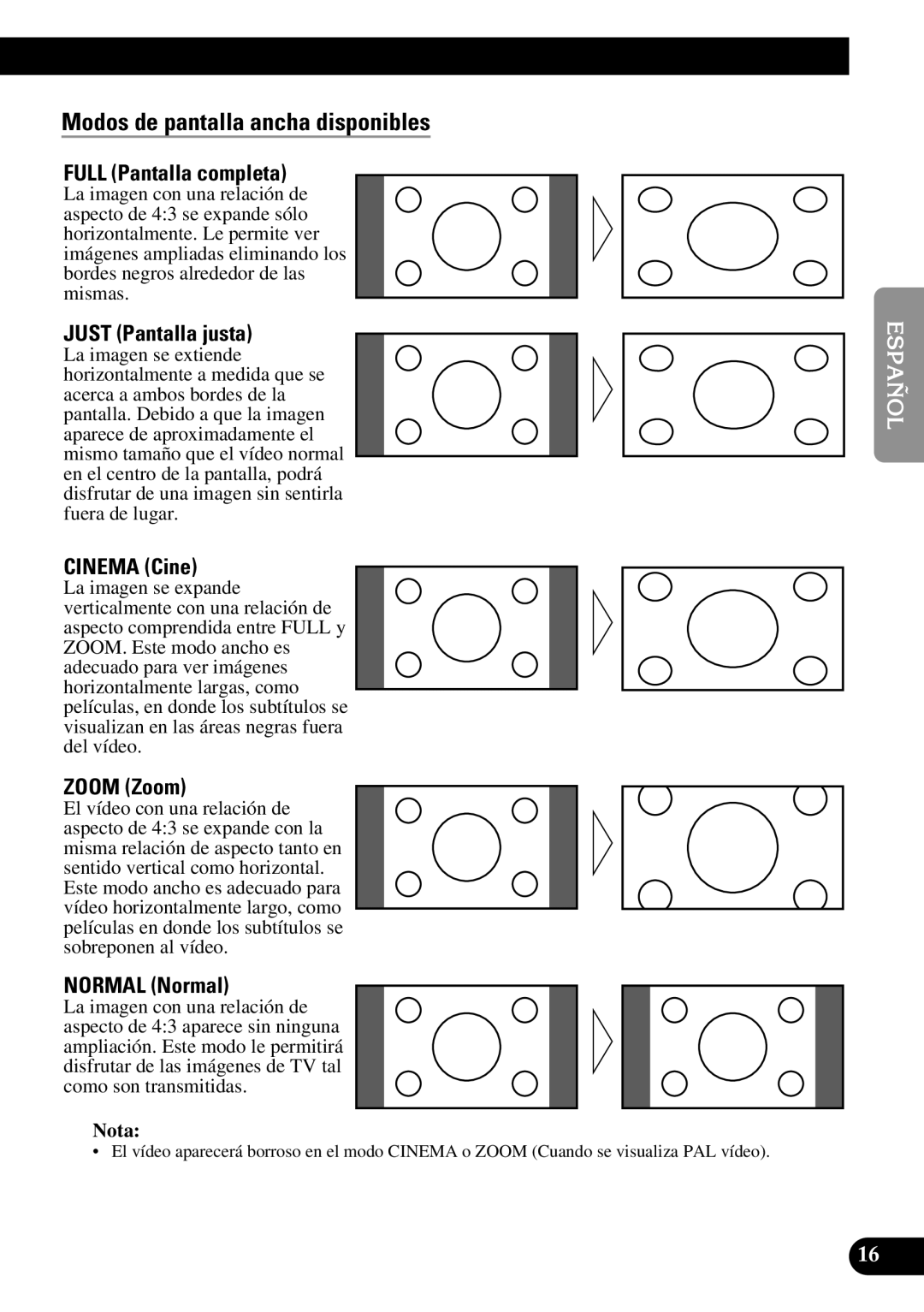 Pioneer AVR-W6100 owner manual Full Pantalla completa, Just Pantalla justa, Cinema Cine, Zoom Zoom, Normal Normal 