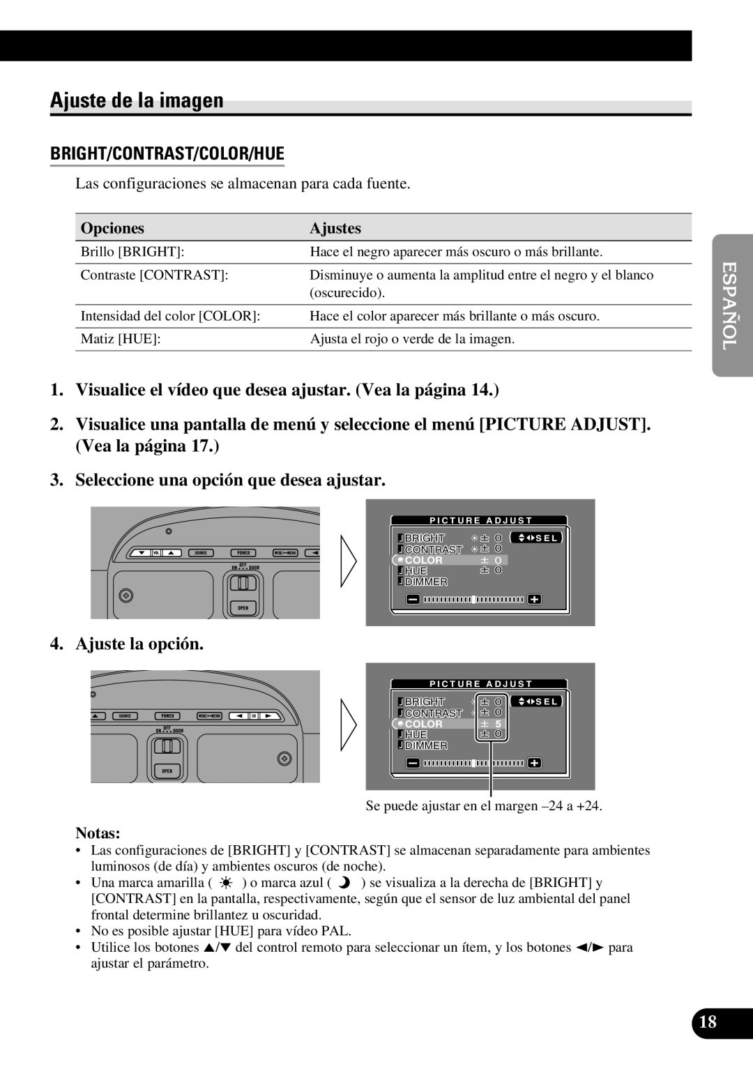 Pioneer AVR-W6100 owner manual Ajuste de la imagen, Ajuste la opción, Opciones Ajustes 